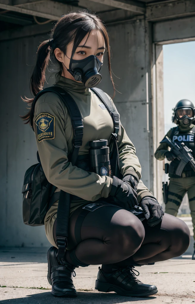 ((best quality)), (masterpiece), photorealistic, photorealism, 1girl full body, aiming with an assault rifle, another girl squatting behind, Combat pose, explosion background, Photorealistic, high resolution, (Detailed face), looking to the camera, (wearing rash-guard as police uniform, gloves, wearing futuristic-gasmask, military harness, holding a machinegun, carrying hich-tech-backpack), background grey, Fingers are occluded
