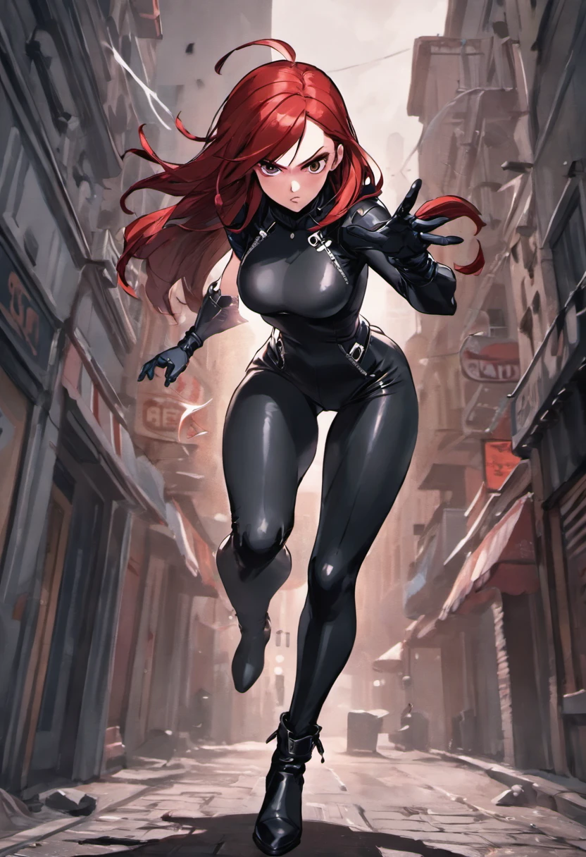 linda ruiva com maio vermelho, long black tights,com salto alto vermelho, olhar sexy,belos olhos, em pe olhando para frente,olhar serio pose sexy,cidade a noite com neom