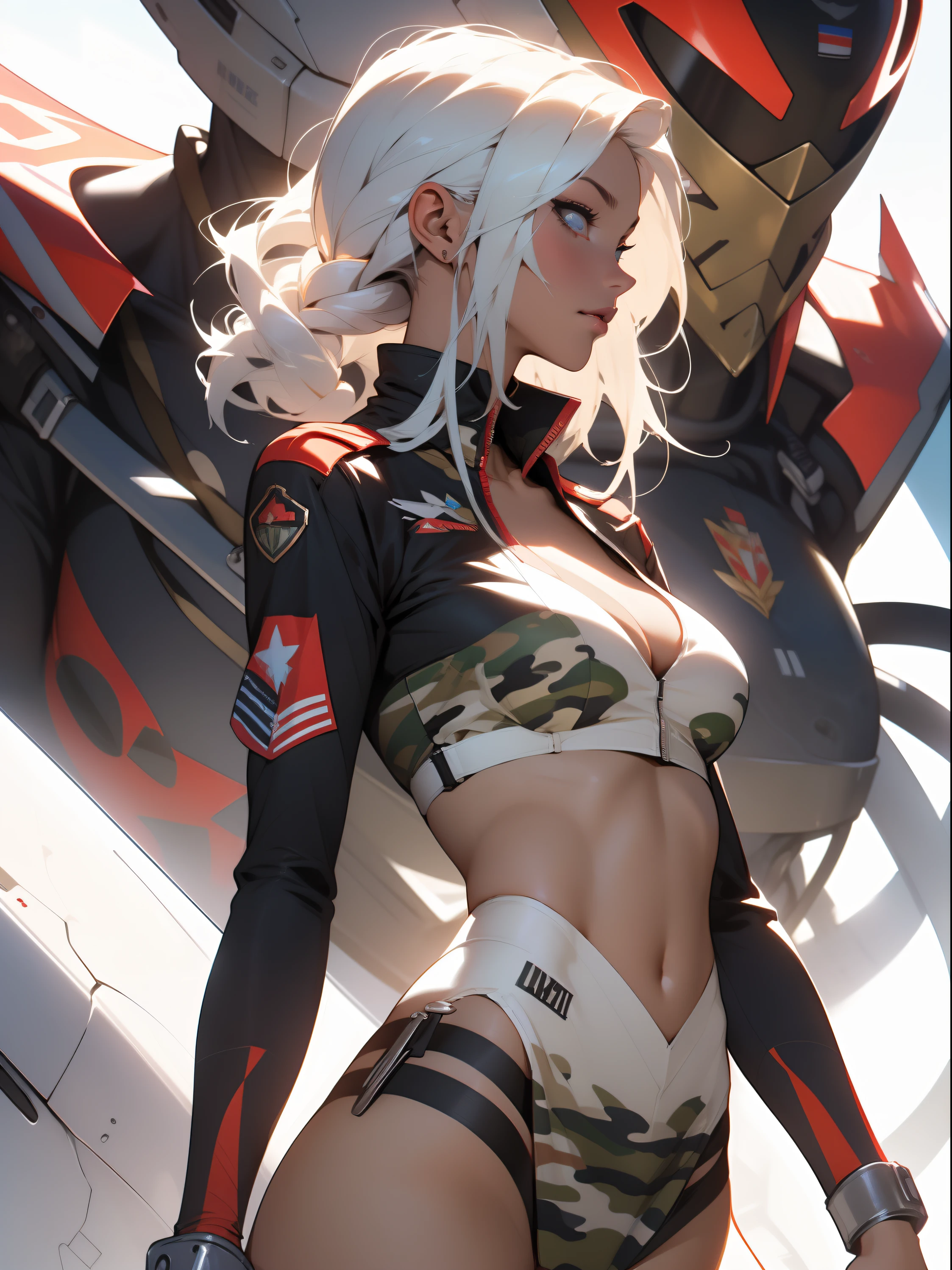 ((Best quality)), ((Masterpiece)), (Detailed: 1.4), (Absurde), A female fighter pilot ready for war in a military bikini, marin, dark skinned, Sculpted body defined, corps entier, Cuisses nues, mouth closed, Cyberpunk, half-naked, generous neckline, ((Perfect huge breasts)), (Yeux bleu clair super clairs sans pupilles), (((Bikini camouflage militaire)), (((cheveux blancs avec tresse)))), longs cils maquillage lourd, porte-jarretelles, jumeler beaucoup, niji --V5, close to real, psychopathe, visage parfait, sexy pose, Background with a giant Evangelion head, 2 piece clothes, cake, centered, scale to suit dimensions, Hdr (High Dynamic Range),Ray Tracing, NVIDIA RTX,Super-Resolution,Unreal 5,Dispersion souterraine, PBR Texture, Post-traitement, Filtrage anisotrope, profondeur de champ, Maximum Clarity and Sharpness, Textures multicouches, Albedo and specular maps, Ombrage de surface, Accurate Simulation of Light-Material Interaction, Proportions parfaites, Rendu octane, two tone lighting, Grande ouverture, ISO faible, Balance des blancs, Rule of Thirds, 8K RAW, Crysisnanosuit Bikini, thigh gap, belles hanches, slim thighs, sensuous pose, sideview