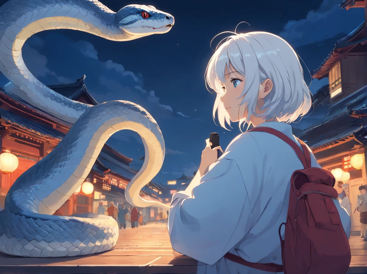The white-haired grandmother looked at a white giant python in the distance,the night,(Chinese folk suspense supernatural comic style),High detail,style of anime