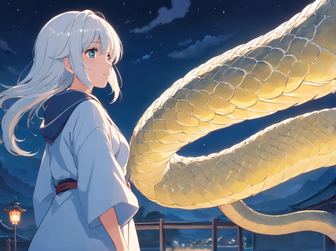 The white-haired grandmother looked at a white giant python in the distance，the night，(Chinese folk suspense supernatural comic style),High detail，style of anime