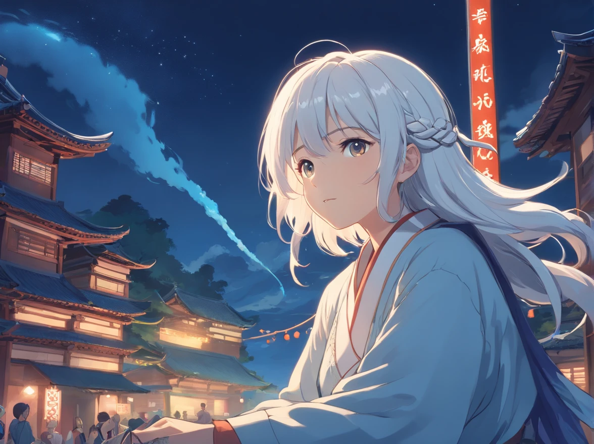 The white-haired grandmother looked at a white giant python in the distance,the night,(Chinese folk suspense supernatural comic style),High detail,style of anime