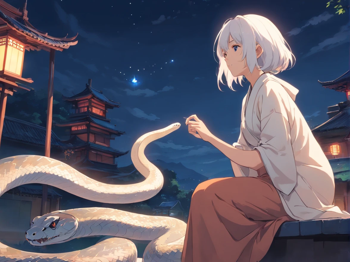 The white-haired grandmother looked at a white giant python in the distance，the night，(Chinese folk suspense supernatural comic style),High detail，style of anime