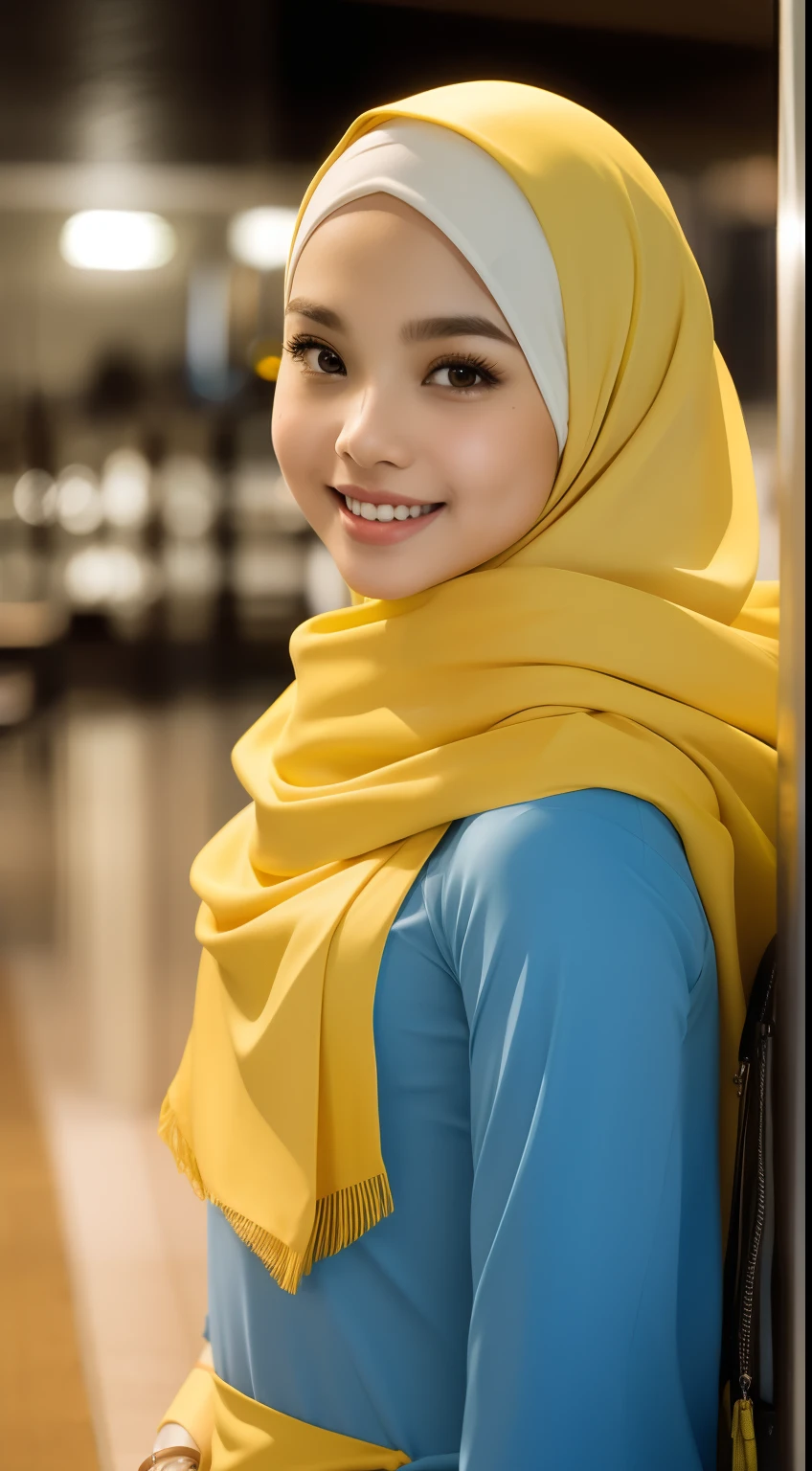 Malay girl in hijab, wear pastel yellow short dress, going to dinner, smiling, very long white hijab, wear necklace, front view, hijab blown, windy, detail skin, age spot, detail skin texture, mole below eyes, small breast, flat chest, wide hips, small waists, thick thighs, slim abs, beautiful body, nighttime, laughing, happy, bright lighting, people in background, college gym background, blur background, bokeh, location: dinner hall,