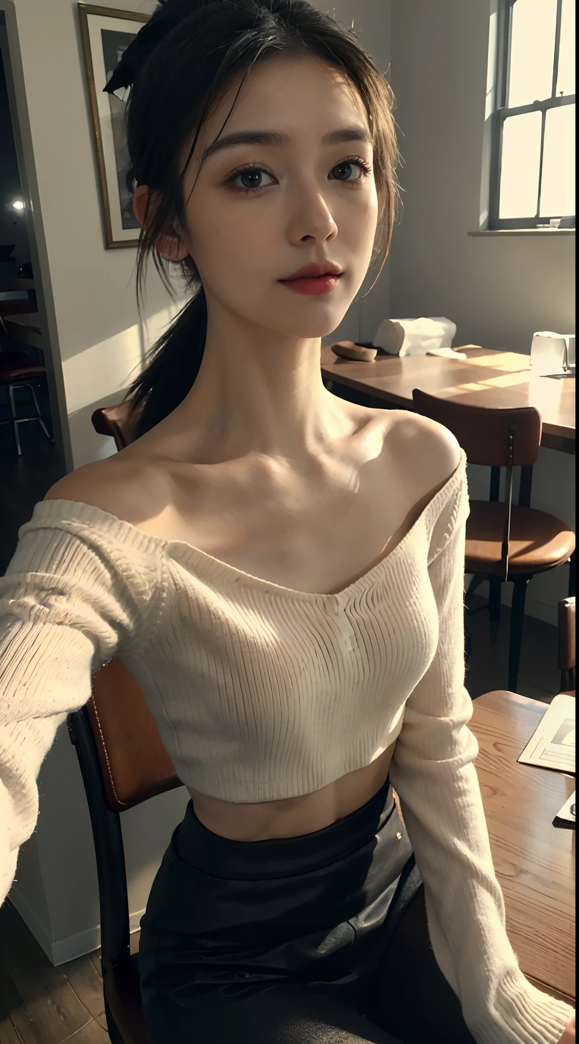 (shoulder length straight short black hair: 1.3), （Extremely meticulous CG 8k wallpaper），（Extremely refined and beautiful），（Masterpiece），（best qualtiy：1.0），（Ultra High Resolution：1.0），beautiful light up，Perfect lightning，realistic shaded，[A high resolution]，Smooth and flawless fair skin，Extremely exquisite facial details，（perfect body：1.1），ultra - detailed，A beautiful girl，small head，(very Short ponytail:1.5),(Small breasts:1.1),glasses,Flat chests，slim，thin，Smile，cheerfulness，(White Long Sleeved sweater:1.5），Slender legs,(Well-cut abdominal muscles:1.2),(Sitting on a chair by the table:1.3), Elbows on the table,bright lights,upper body,(Fish eye perspective:1.3),(selfie:1.3),close shot,cowboy shot,(Portrait above chest level:1.2)