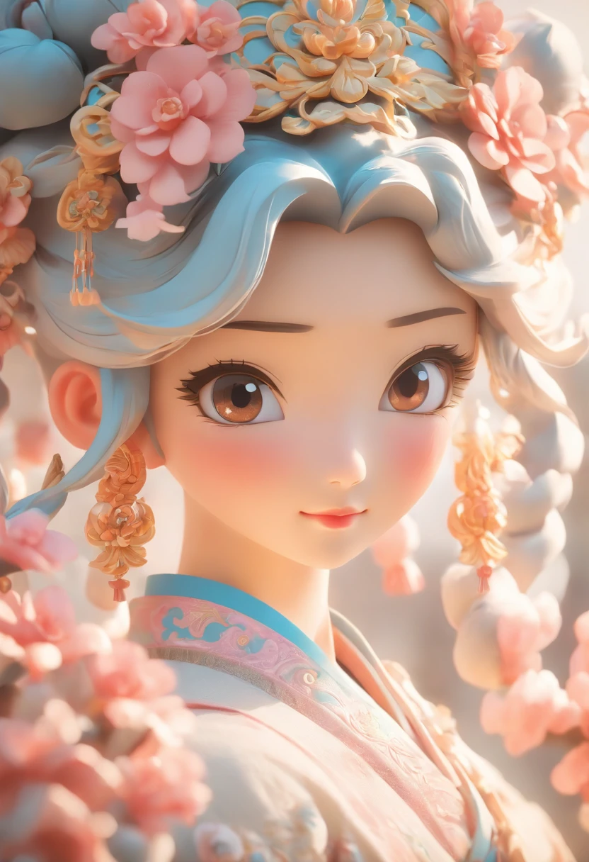 the Fullbody 3d artwork of cute girl,Cute face and eyes,A 25-year-old girl from the Tang Dynasty in China,Intricate flower and gemstone headdresses,Delicate Chinese female doll in light blue and pink,,In Li Zhongqin,wave,solidcolor,The style of Rococo portraits,In the style of charming anime characters,The sun shines on it,Studio light,The background focal length is 35mm f1.4,C4D,Blander,Sin rendering,High detail 8K -ar 2:3 - Stylistic expression