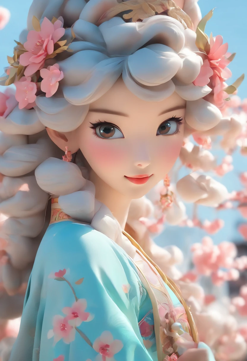 the Fullbody 3d artwork of cute girl,Cute face and eyes,A 25-year-old girl from the Tang Dynasty in China,Intricate flower and gemstone headdresses,Delicate Chinese female doll in light blue and pink,,In Li Zhongqin,wave,solidcolor,The style of Rococo portraits,In the style of charming anime characters,The sun shines on it,Studio light,The background focal length is 35mm f1.4,C4D,Blander,Sin rendering,High detail 8K -ar 2:3 - Stylistic expression