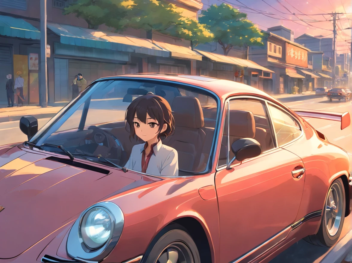 A rich man drives a Porsche,in the early morning,(Chinese folk suspense supernatural comic style),High detail
