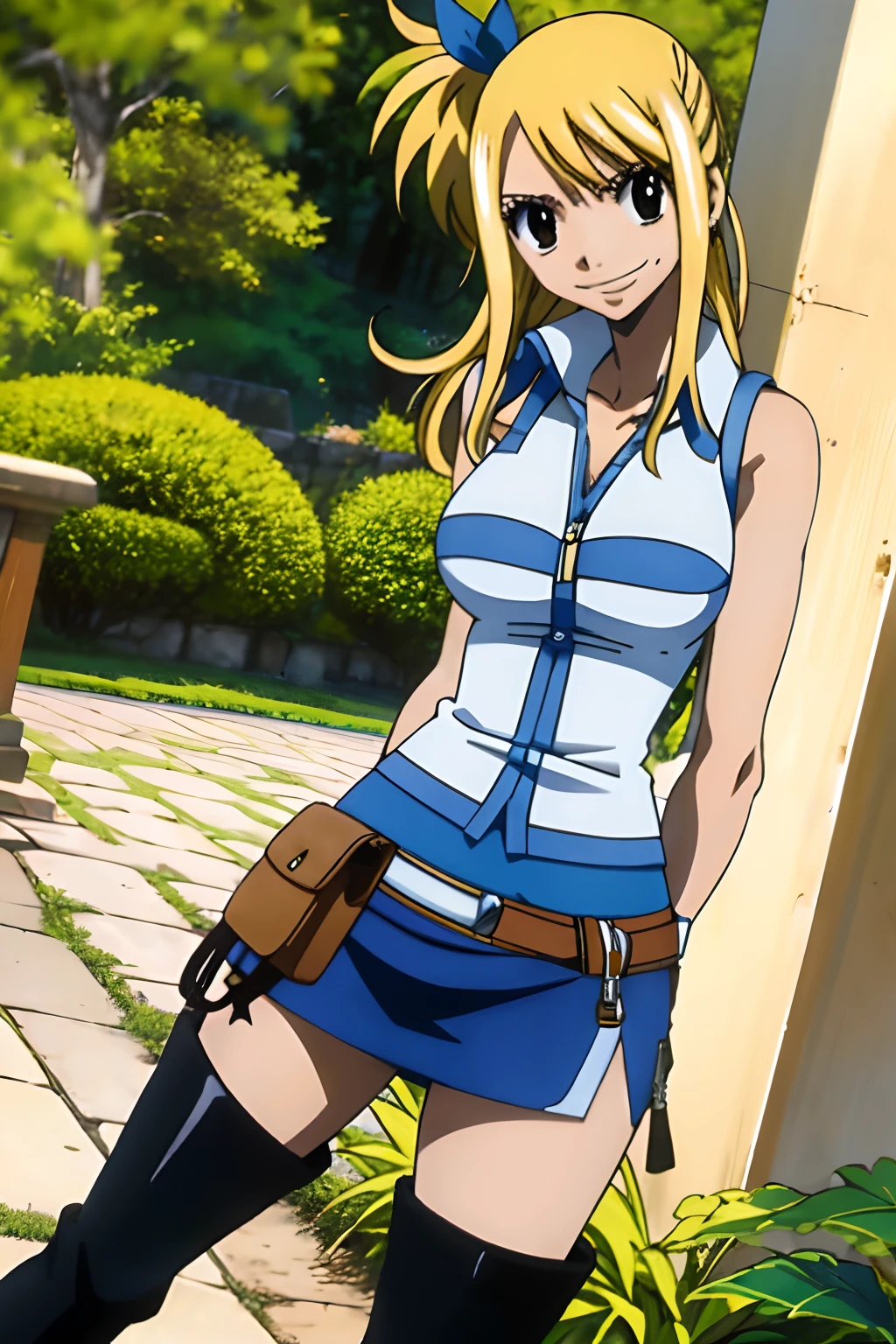 (masterpiece, best quality:1.2), solo, 1girl, lucy heartfilia, grin, looking at viewer, arms behind back, blue sleeveless shirt, miniskirt, belt pouch, thigh boots