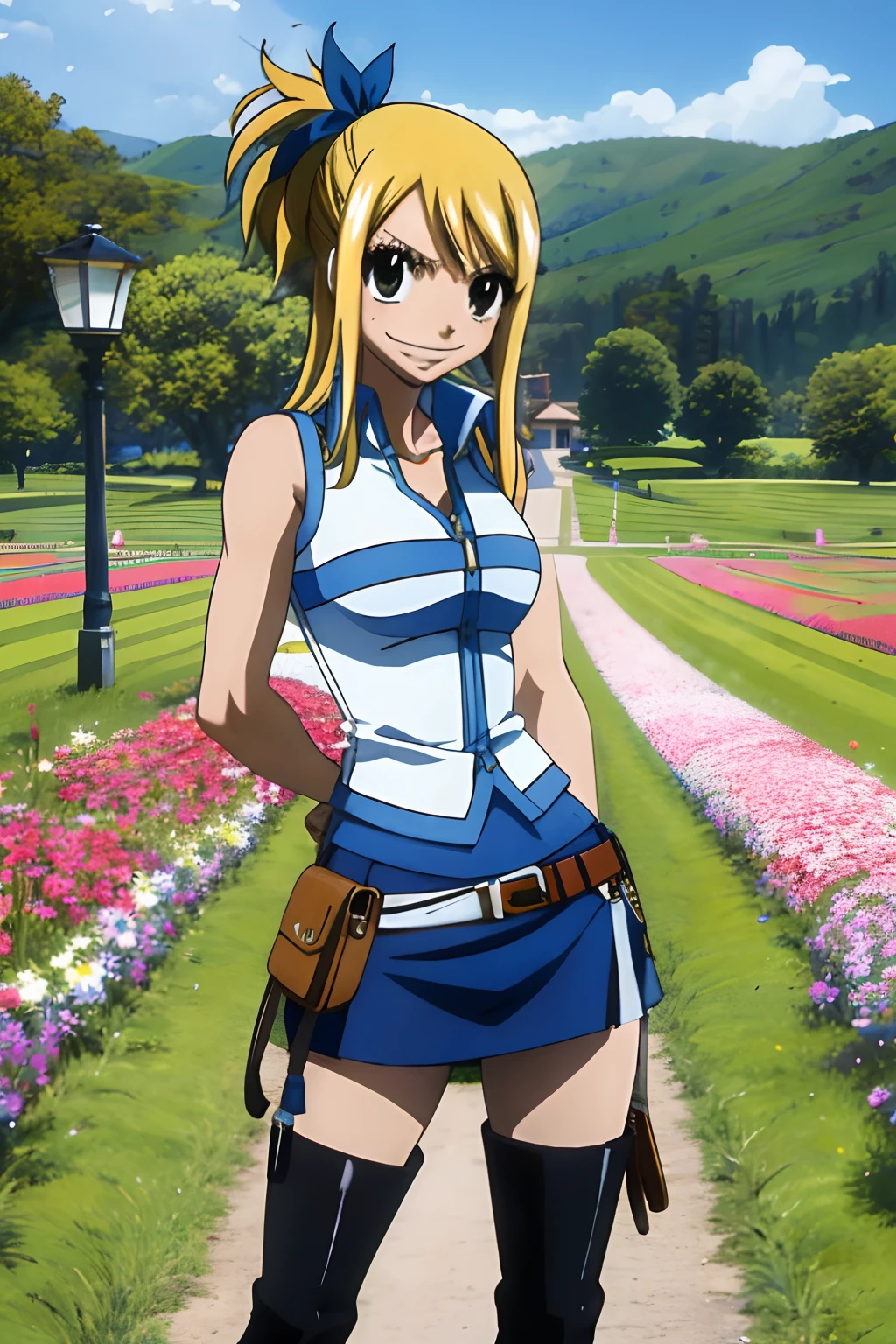 (masterpiece, best quality:1.2), solo, 1girl, lucy heartfilia, grin, looking at viewer, arms behind back, blue sleeveless shirt, miniskirt, belt pouch, thigh boots