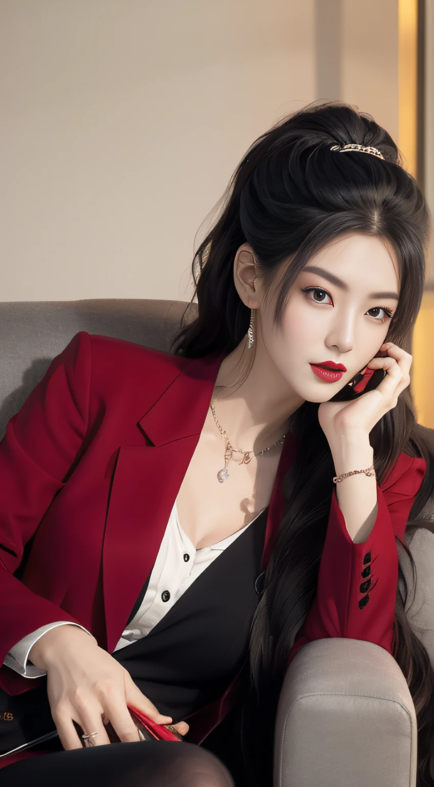 1 woman, sitting on sofa, holding mobile phone, black hair, black eyes, red lips, black suit, doubts, tangles, masterpieces, the best quality
