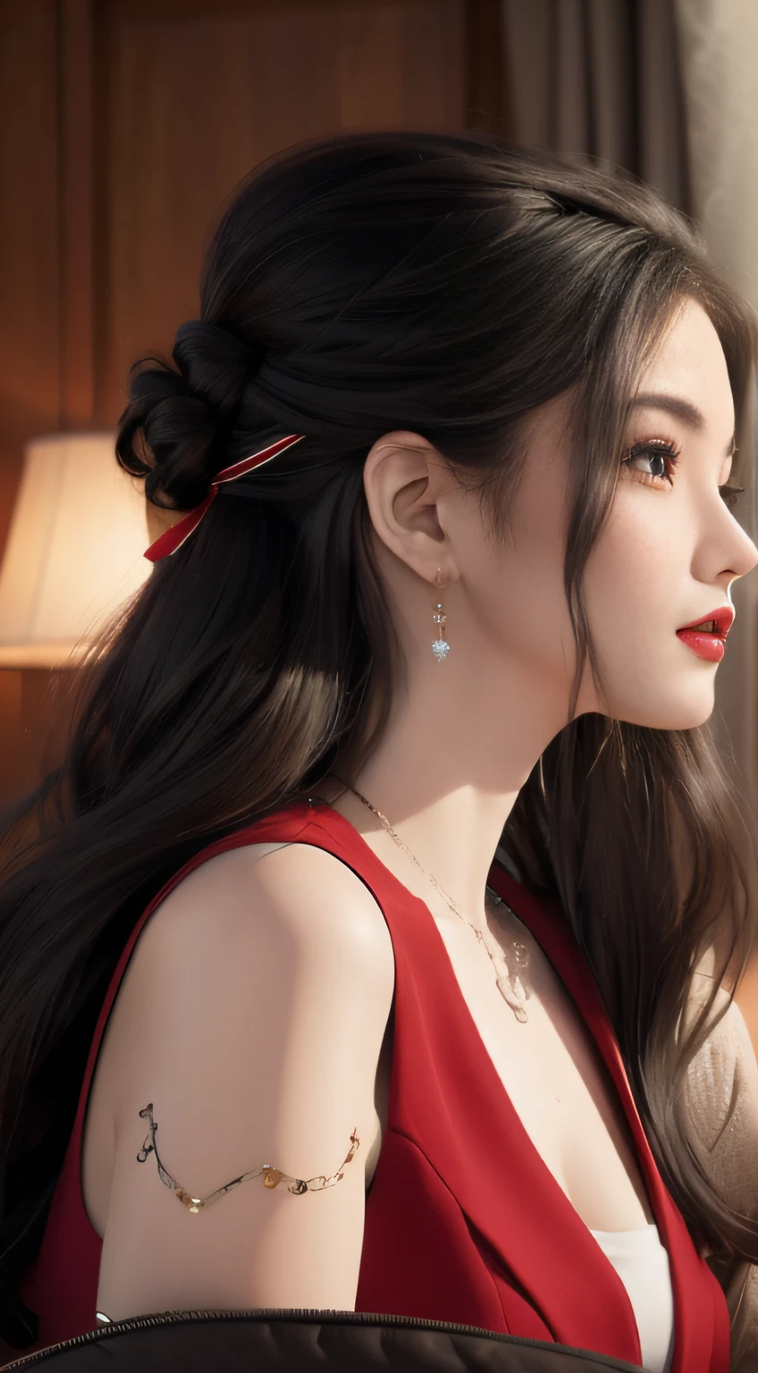 1 woman, sitting on sofa, holding mobile phone, black hair, black eyes, red lips, black suit, doubts, tangles, masterpieces, the best quality