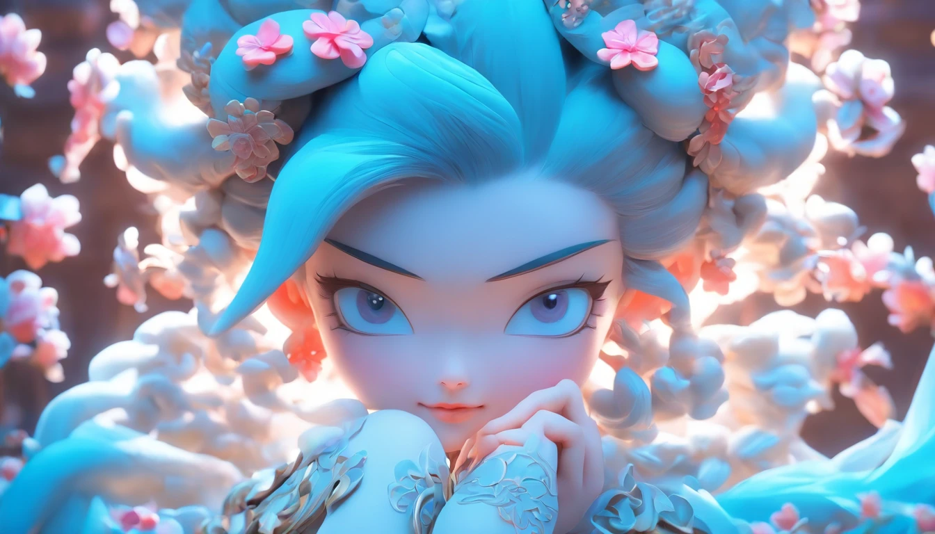 the Fullbody 3d artwork of cute girl，Cute face and eyes，A 25-year-old girl from the Tang Dynasty in China，Intricate flower and gemstone headdresses，Delicate Chinese female doll in light blue and pink，，In Li Zhongqin，wave，solidcolor，The style of Rococo portraits，In the style of charming anime characters，The sun shines on it，Studio light，The background focal length is 35mm f1.4,C4D，Blander，Sin rendering，High detail 8K -ar 2:3 - Stylistic expression
