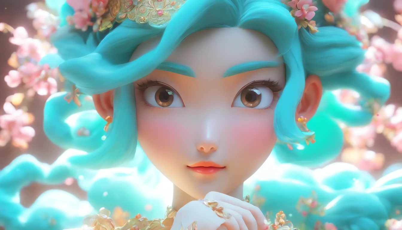 the Fullbody 3d artwork of cute girl,Cute face and eyes,A 25-year-old girl from the Tang Dynasty in China,Intricate flower and gemstone headdresses,Delicate Chinese female doll in light blue and pink,,In Li Zhongqin,wave,solidcolor,The style of Rococo portraits,In the style of charming anime characters,The sun shines on it,Studio light,The background focal length is 35mm f1.4,C4D,Blander,Sin rendering,High detail 8K -ar 2:3 - Stylistic expression