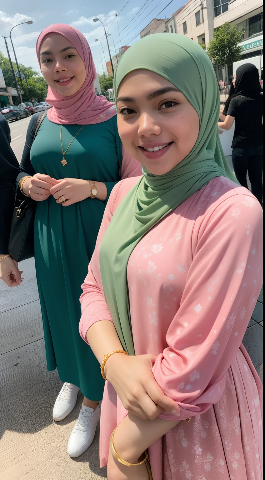 Malay girl very long white hijab with The Bandanna floral headscarf , wear pastel green Floral Print Flounce Sleeve Square Neck Dress with jeans, pink sneakers, smiling, wear gold necklace, front view, windy, detail skin, age spot, detail skin texture, mole below eyes, small breast, flat chest, wide hips, small waists, thick thighs, slim abs, beautiful body, morning, laughing, happy, bright lighting, people in background, city background, blur background, bokeh, location: city street