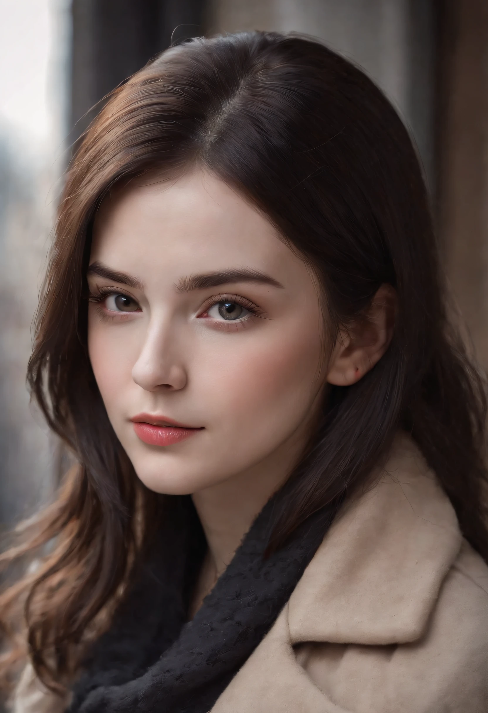 Beautiful girl with realistic black eyes, pale skin, black hair of medium length, a perfect face, Perfect eyes, wearing coat, Highly detailed, all-encompassing cinematic, Digital Painting, 8K, Cinematic lighting, Best Quality, hight resolution, Detailed work, postprocessed, Perfect result, hyper realistic
