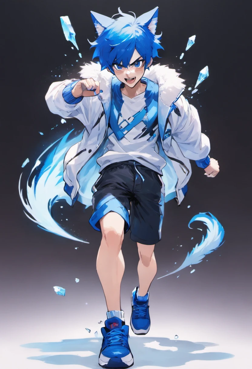1Boy, 16 years old, blue hair, short hair, blue Fox ears, blue fox tail, white jacket, blue shirt, bkack shorts, red sneakers, full body, standing, smile, ice power