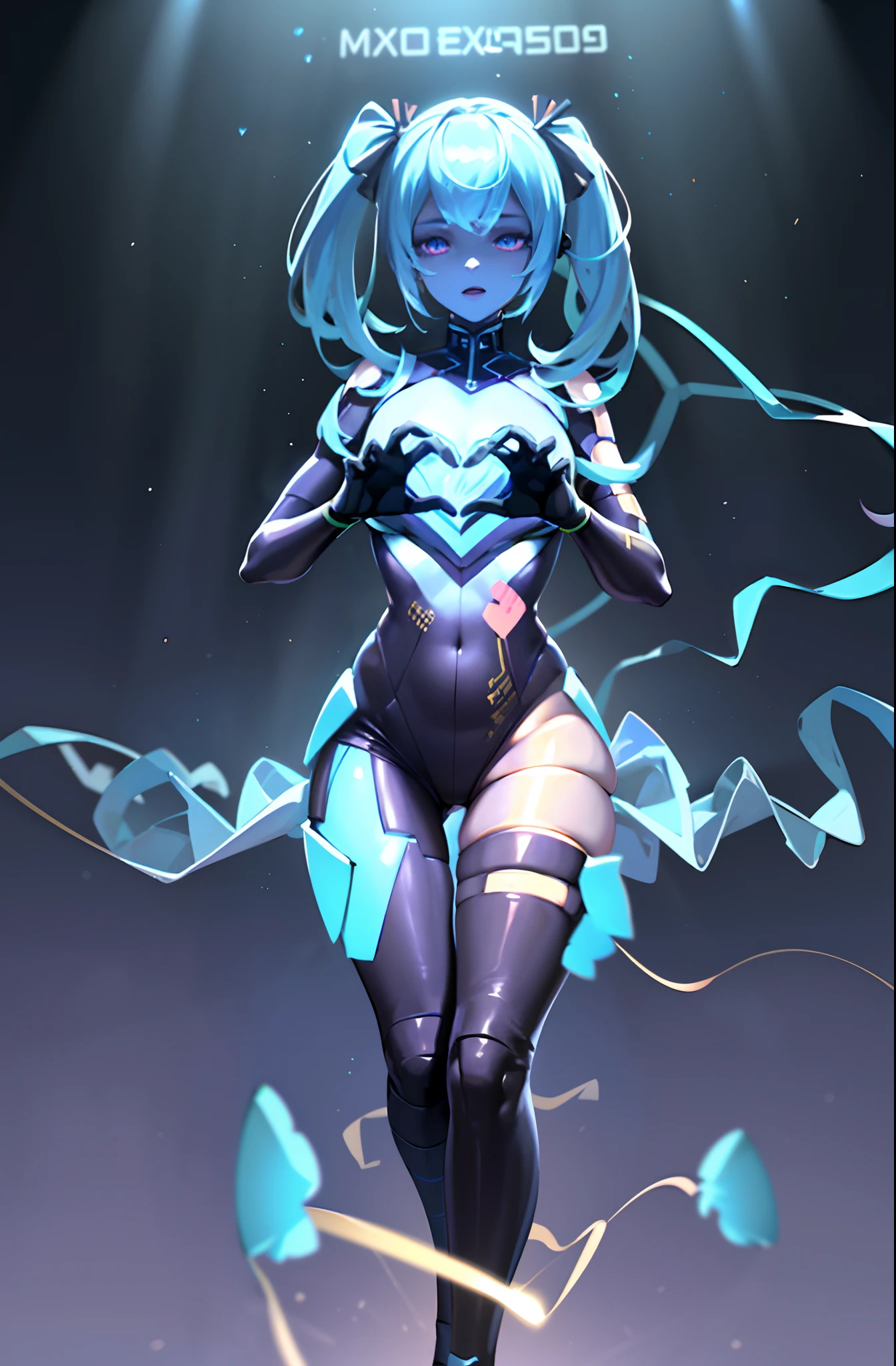 1girl, masterpiece, detailed, high quality, young female android, young android helper, young android nurse, "CheMax", "CHEats MAXimal", (human skin color:1.5), cheat utility, twintails hairstyle, skyblue hair color, fullbody, mascot, held injector, white tight uniform with blue stipes, (blackboard on background, writing board on background), artificial intelligence, enhanced senses, unlimited knowledge, medical equipment, advanced diagnostics, high-tech gadgets, technologically advanced architecture,seamless integration,trim, futuristic, glowing lights, sci-fi style, vibrant colors, realistic rendering, detailed hair, detailed body, detailed hands, detailed face, detailed feets, big boobs, sexy pose, (Heart Hands pose:1.5)