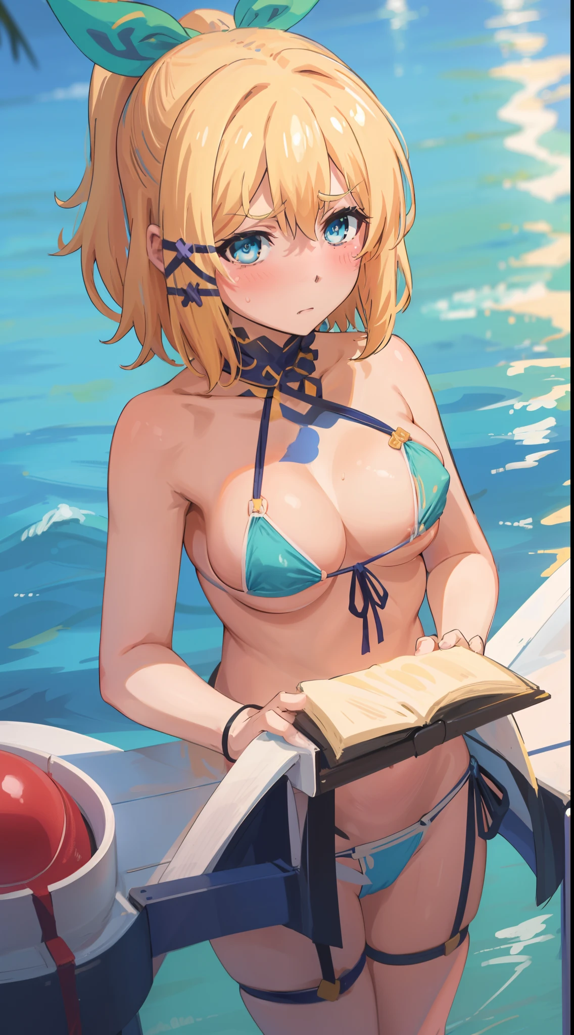 best quality, (masterpiece:1.2), detailed, medieval,
Rumia Tingel,
1girl, solo, blush,
medium hair, blonde hair, short ponytail, blue eyes, green bow, x hair ornament,
(((blue bikini, nsfw))), blue eyes, ultra-detailed eyes,
standing, looking at the viewer, ((disgust, disdain, blush, close up)), ((upper body)), confronting viewer, medium breasts, medium hair, simple background.