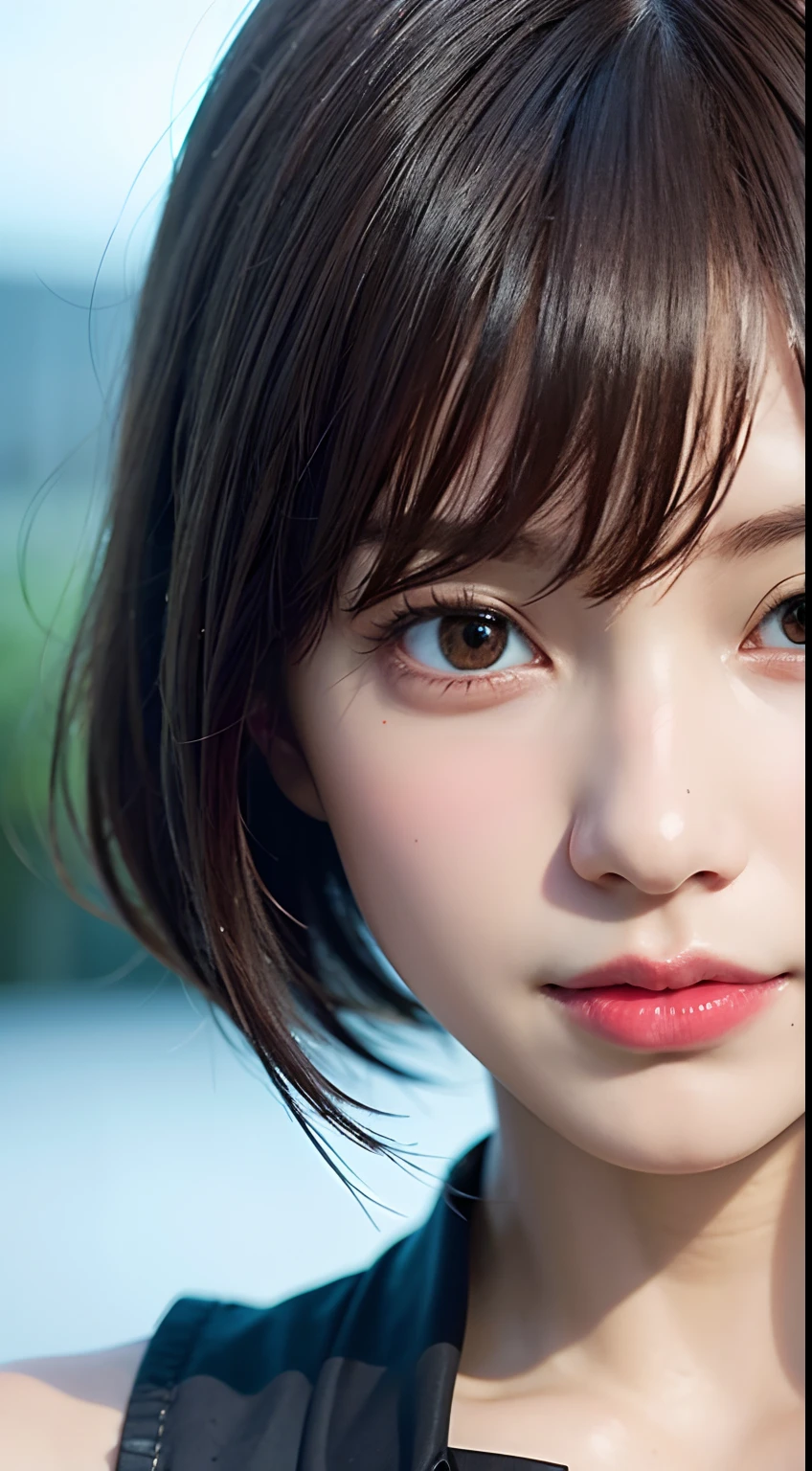 (8k, RAW Photos:1.2), Detailed face and eyes, 最high quality, Beautiful girl, (LOL:1.2), (Open your mouth:1.1), Soft cinematic light, Hyper Detail, Sharp focus, high quality, Blonde, Bobcut, Blurred Background, Particles of light, Strong winds,