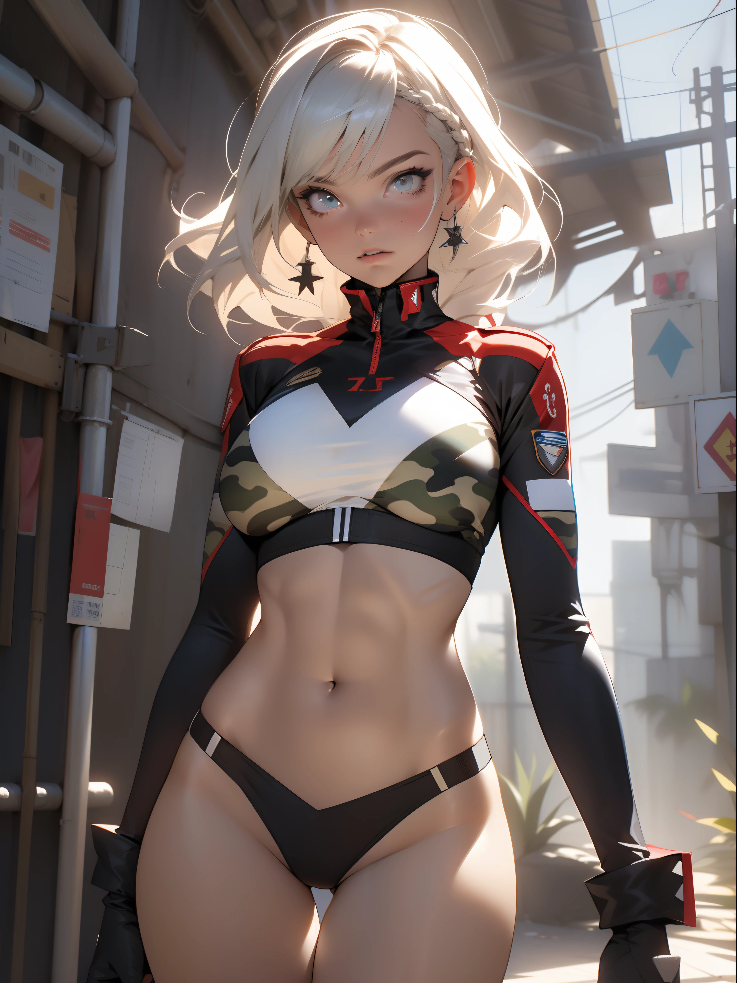 ((Best quality)), ((Masterpiece)), (Detailed: 1.4), (Absurde), A female fighter pilot ready for war in a military bikini, marin, dark skinned, Sculpted body defined, corps entier, Cuisses nues, mouth closed, Cyberpunk, half-naked, generous neckline, ((Perfect huge breasts)), (Yeux bleu clair super clairs sans pupilles), (((Bikini camouflage militaire)), (((cheveux blancs avec tresse)))), longs cils maquillage lourd, porte-jarretelles, jumeler beaucoup, niji --V5, close to real, psychopathe, visage parfait, sexy pose, Background with a giant Evangelion head, 2 piece clothes, cake, centered, scale to suit dimensions, Hdr (High Dynamic Range),Ray Tracing, NVIDIA RTX,Super-Resolution,Unreal 5,Dispersion souterraine, PBR Texture, Post-traitement, Filtrage anisotrope, profondeur de champ, Maximum Clarity and Sharpness, Textures multicouches, Albedo and specular maps, Ombrage de surface, Accurate Simulation of Light-Material Interaction, Proportions parfaites, Rendu octane, two tone lighting, Grande ouverture, ISO faible, Balance des blancs, Rule of Thirds, 8K RAW, Crysisnanosuit Bikini, thigh gap, belles hanches, Cowboy-shot
