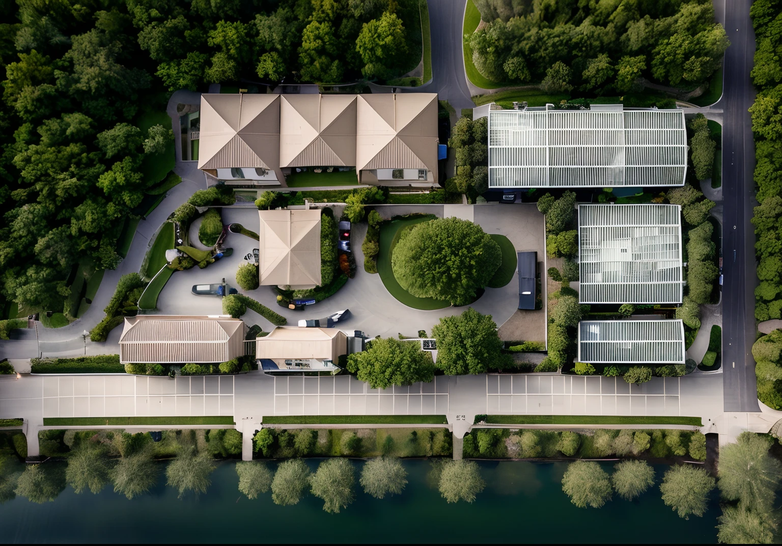 RAW photo, real, best quality, view from above looking down, green planning, overall project perspective, 20% green tree density, green park, lake park, located around people's houses, scale, very very very high details, beautiful nightsky, real sky
