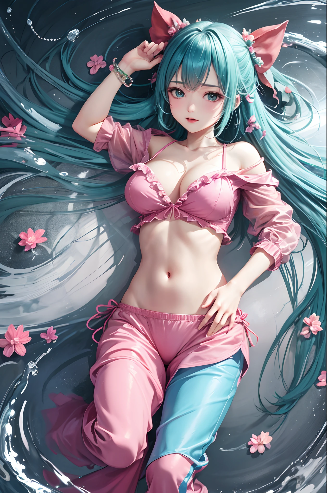 (​masterpiece、top-quality、Official art:1.2)、(colourfull)、miku hatsune、see the beholder、1girl in、portlate、独奏、Colorful water levitation、Lying girl、realisticlying、She wears long pants、Wearing pink pajamas、Cute、A sexy、a navel、accessorized、Correct anatomy、细致背景、