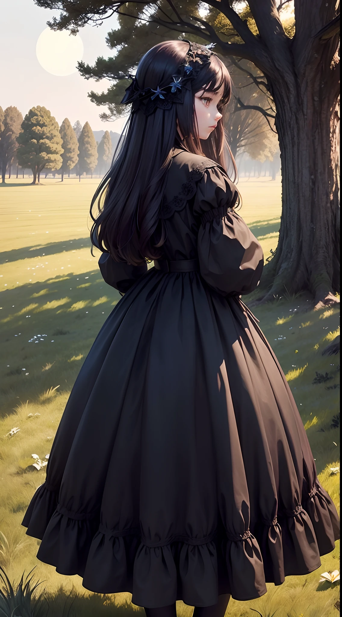 Meadow at the eclipse, gothic style late autumn, grass with wind, leaves are falling are down, one middle size tree like apple on the meadow, early stars on the sky, a girl standing near the tree in the shadow, her hair is blowing by the wind, her face is not displayed, only her back, she is the long white country simple dress