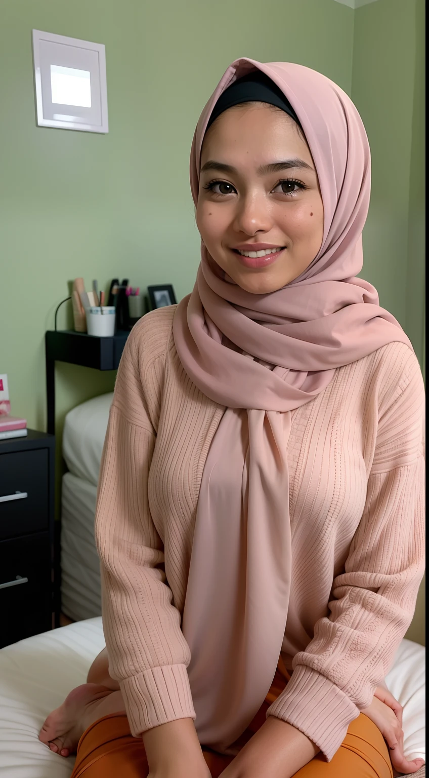 1 malay girl , modern pom-pom hijab,  shy, medium portrait shot , watery  eyes , blue glowing particles, wear soft pink cotton naked and panties, blue bedroom background, bright front light,