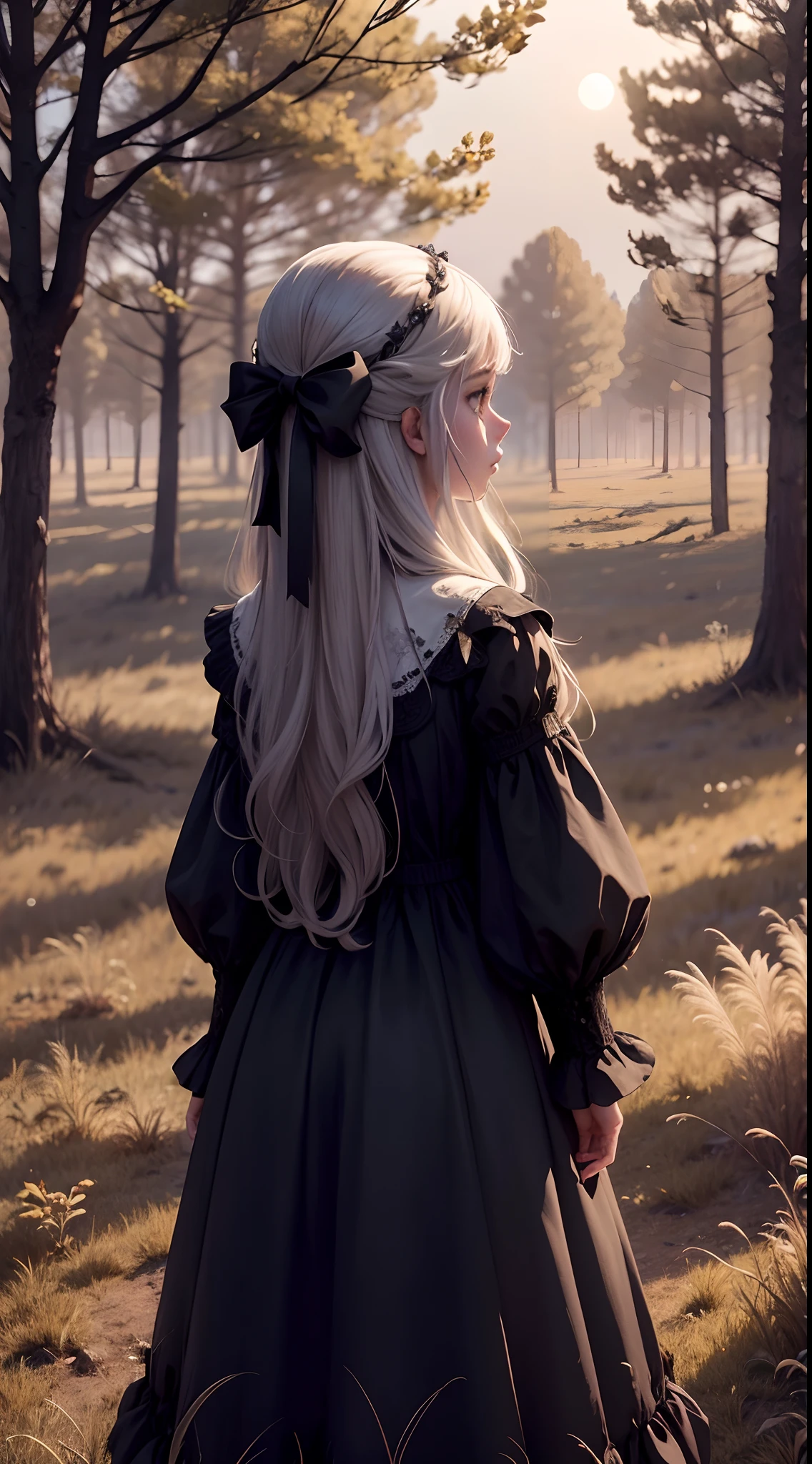 Meadow at the eclipse, gothic style late autumn, grass with wind, leaves are falling are down, one middle size tree like apple on the meadow, early stars on the sky, a girl standing near the tree in the shadow, her hair is blowing by the wind, her face is not displayed, only her back, she is the long white country simple dress