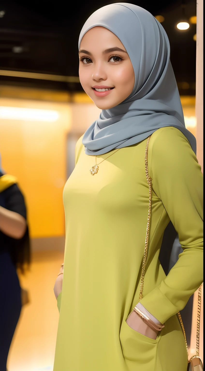 Malay girl in hijab, wear pastel yellow short dress, going to dinner, smiling, very long white hijab, wear necklace, front view, hijab blown, windy, detail skin, age spot, detail skin texture, mole below eyes, small breast, flat chest, wide hips, small waists, thick thighs, slim abs, beautiful body, nighttime, laughing, happy, bright lighting, people in background, college gym background, blur background, bokeh, location: dinner hall,