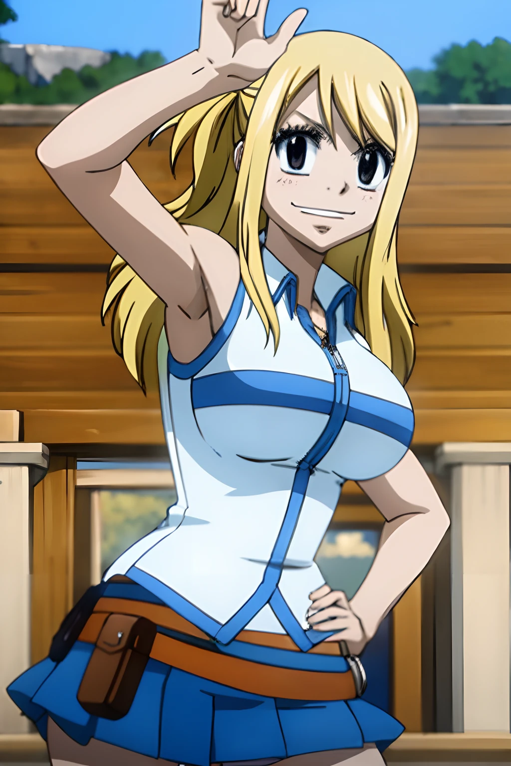 masterpiece, best quality, high-resolution, lucy heartfilia, blonde hair, long hair, large breasts, white shirt, sleeveless, belt, blue skirt, cowboy shot, standing, looking at viewer, outdoors, waving, smile, open mouth,