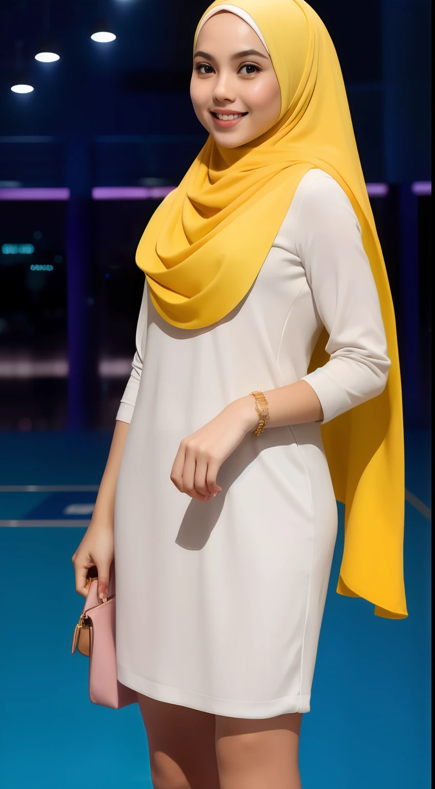 Malay girl in hijab, wear pastel yellow short dress, going to dinner, smiling, very long white hijab, wear necklace, front view, hijab blown, windy, detail skin, age spot, detail skin texture, mole below eyes, small breast, flat chest, wide hips, small waists, thick thighs, slim abs, beautiful body, nighttime, laughing, happy, bright lighting, people in background, college gym background, blur background, bokeh, location: dinner hall,