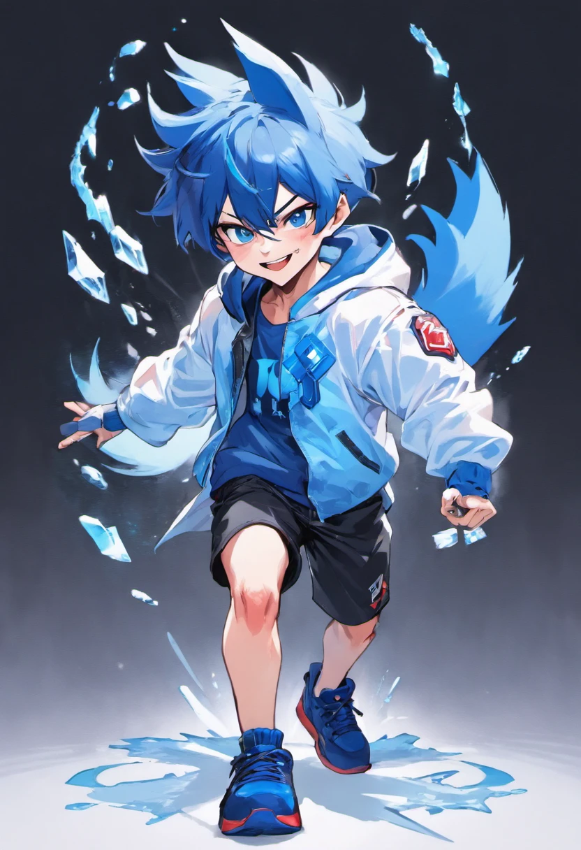 1Boy, 16 years old, blue hair, short hair, blue Fox ears, blue fox tail, white jacket, blue shirt, black shorts, red sneakers, full body, standing, smile, ice power, gacha card background
