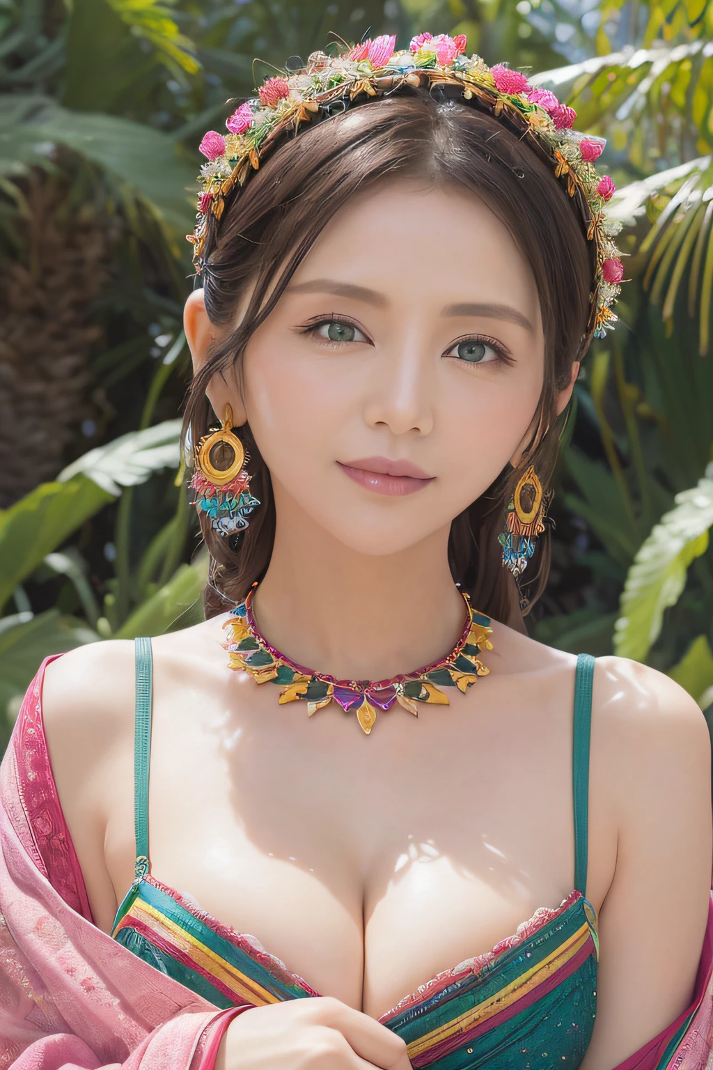 Since a while ago(((Photo of an oasis in the desert of the sparkling sun)))(top-quality)、(ultra-detailliert)(((Woman in nomadic ethnic costume showing cleavage、)))（The body is facing the camera:1.5)、magical glow、16ｋ、(((Wearing multicolored jewelry)))、Eye Details High Quality、35mm、(the background is blurred：1.5)、Fetching water at an oasis