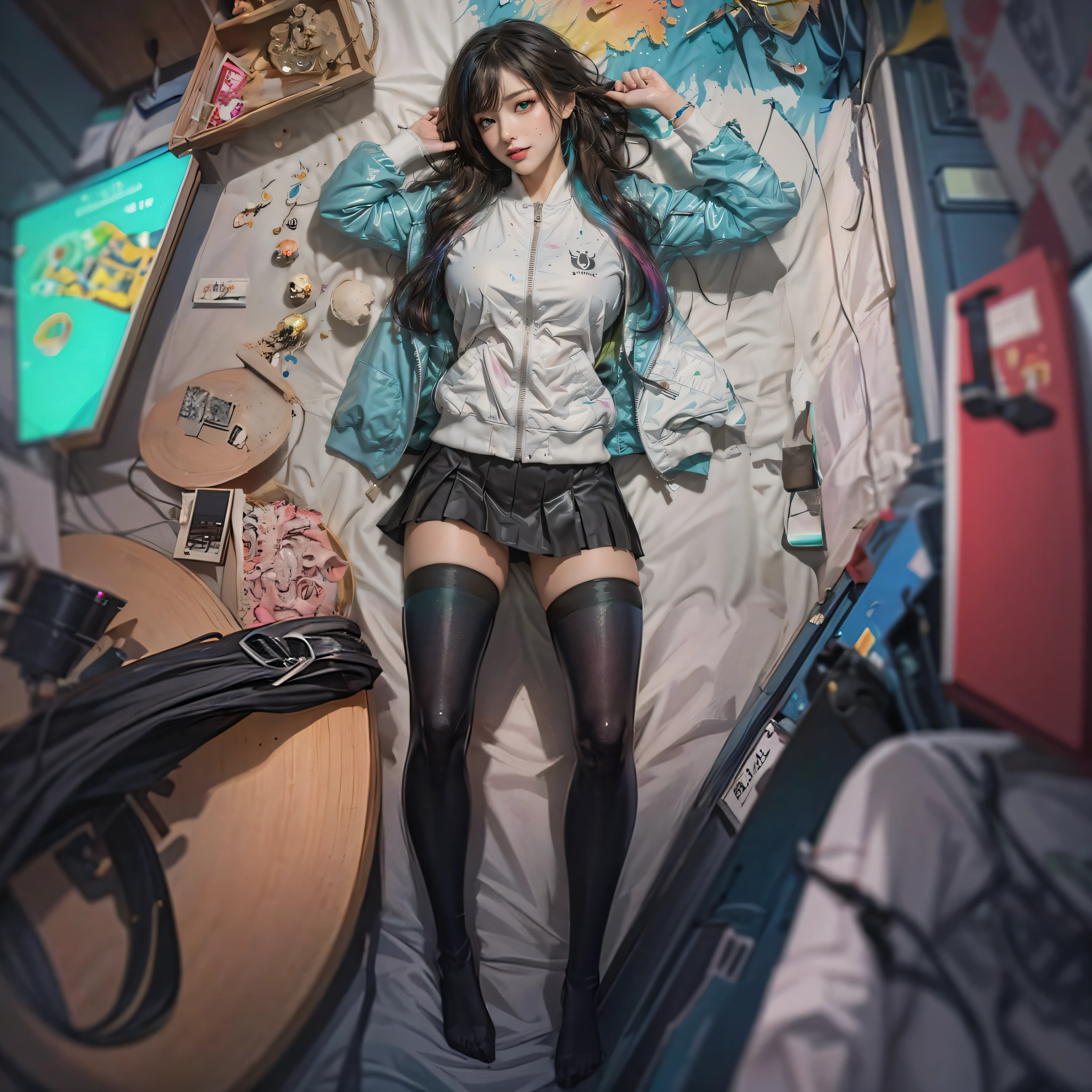Arapei girl lying on bed against colorful background。Cyberpunk Anime Girl Cosplay Guwiz Style Artwork，Artist: Lu Dongjun，Created by Jan J，Lostrank 8K，Gwitz at the Pisif Art Station。Sakimikan&#39;s Frank Franzeta supports the creative initiative。Anime girl wearing a hooded shirt。