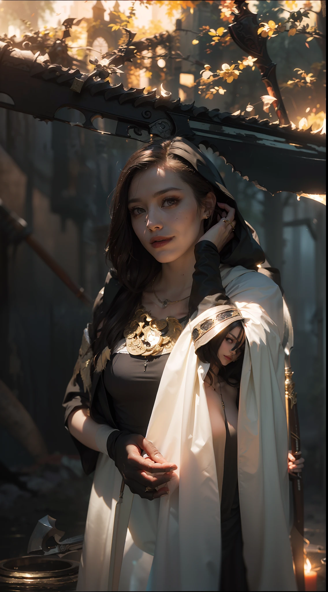 (Numerous award-winning masterpieces, with incredible detail, textures and maximum detail), (hyper realistic:1.4), (realistic:1.3), (upper body up:0.3), (best quality real texture skin), (finely detailed true circle eyes), (finely Detailed and beautiful face:1.4), (Aesthetic and decadent image:1.5), ((medieval world)), (grim reaper:1.4), (icy look in the eye), (she has a nasty smile on her face but her eyes aren't smiling:1.3), (whole body image:1.5), (It has a soul-reaping scythe in its hand:1.5), (Eyes that glow red in the dark), (Dramatic Light), sacrificial altar, (A majestic sight), (Magic Circle of Ominous Shine:1.3), Her countenance is gentle and beautiful, but somehow terrifying, (Large wings with ragged black feathers behind shoulders:1.3), (whole body image:1.5), (Wears a dark black hooded robe with intricate patterns:1.2), (A sack containing reaped souls with a faint glow:1.5), Folded wings, Earrings with a skull pattern, (Followed by Skeleton Reaper: 1.3), (((dramatic photo))), (twilight), (sunset), (dusk), ((dramatic pose)), (flamboyant photo), (golden hair), (silver hair), (chestnut hair), ((looks up)), ((looking down)), (whole body image:1.5), (Around her neck is a simple necklace of exquisite workmanship), Forgotten Tomb Overgrown with Vegetation, Great Tomb, Underground Labyrinth, Evil Temple Ruins, Sacrificial Temple, Mysteriously, Ancient Castle Ruins, Deserted Graveyard Ruins, Crumbled Ancient Tomb, Stagnant Water Ancient Ruins, Swamp Ruins, wavelets, running water, Shining majestic cloud masses and sky, lightning bolt,