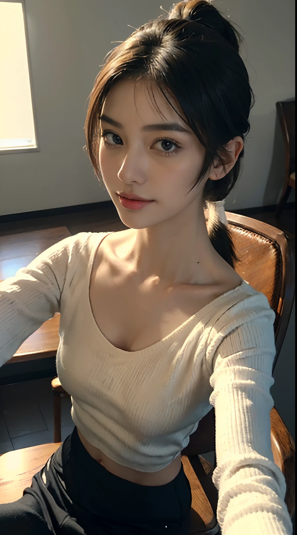(shoulder length straight short black hair: 1.3), （Extremely meticulous CG 8k wallpaper），（Extremely refined and beautiful），（Masterpiece），（best qualtiy：1.0），（Ultra High Resolution：1.0），beautiful light up，Perfect lightning，realistic shaded，[A high resolution]，Smooth and flawless fair skin，Extremely exquisite facial details，（perfect body：1.1），ultra - detailed，A beautiful girl，small head，(very Short ponytail:1.5),(Small breasts:1.1),glasses,Flat chests，slim，thin，Smile，cheerfulness，(White Long Sleeved sweater:1.5），Slender legs,(Well-cut abdominal muscles:1.2),(Sitting on a chair behind the table:1.3), Elbows on the table,bright lights,upper body,(Fish eye perspective:1.3),(selfie:1.3),close shot,cowboy shot,(Portrait above chest level:1.2)