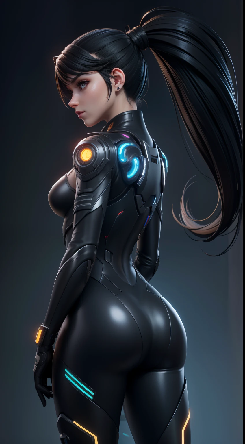 solo, super fine photo, full body concept art Unreal Engine 5 8K UHD of a girl, concept art, character concept design (front view, back view, side view) wearing black tight shiny suit with cybernetic details, high-tech armor, long black glove, ponytail hair, half face cybernetic mask, cyberpunk character, futuristic city fantasy background, best quality, masterpiece, super detailed, sharp focus, T-pose