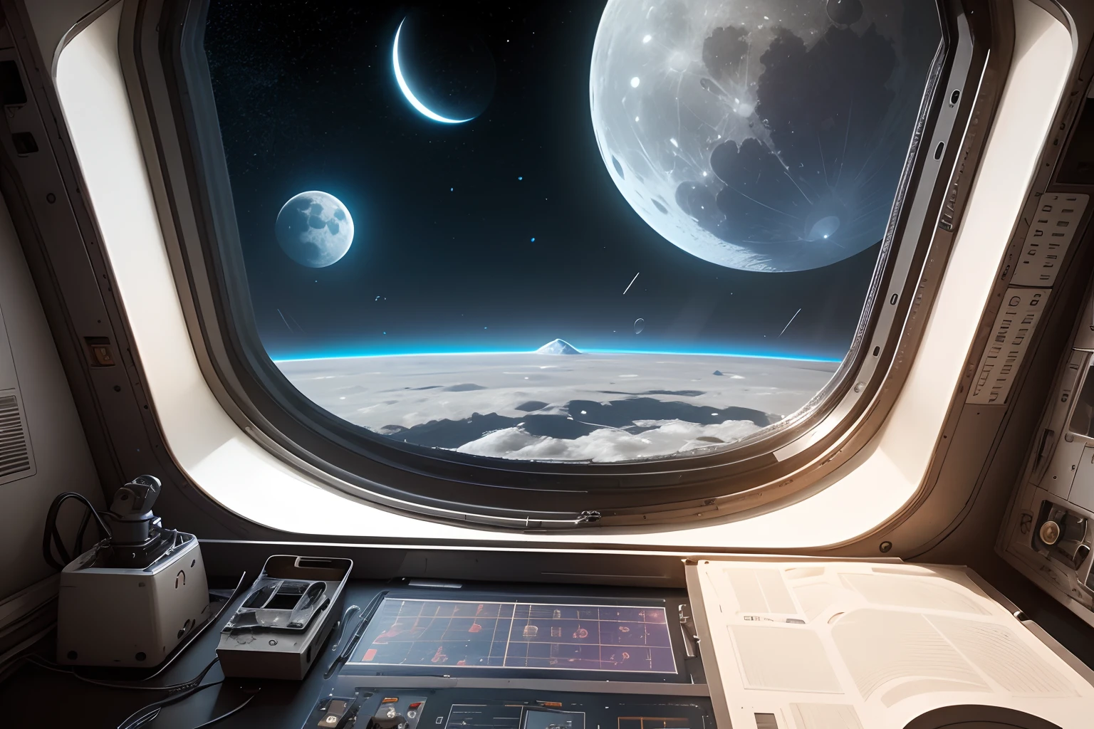 The moon as seen from the space station window，High-tech space station，There are huge rivets around the windows，Multi-layer rivets，cyber punk style