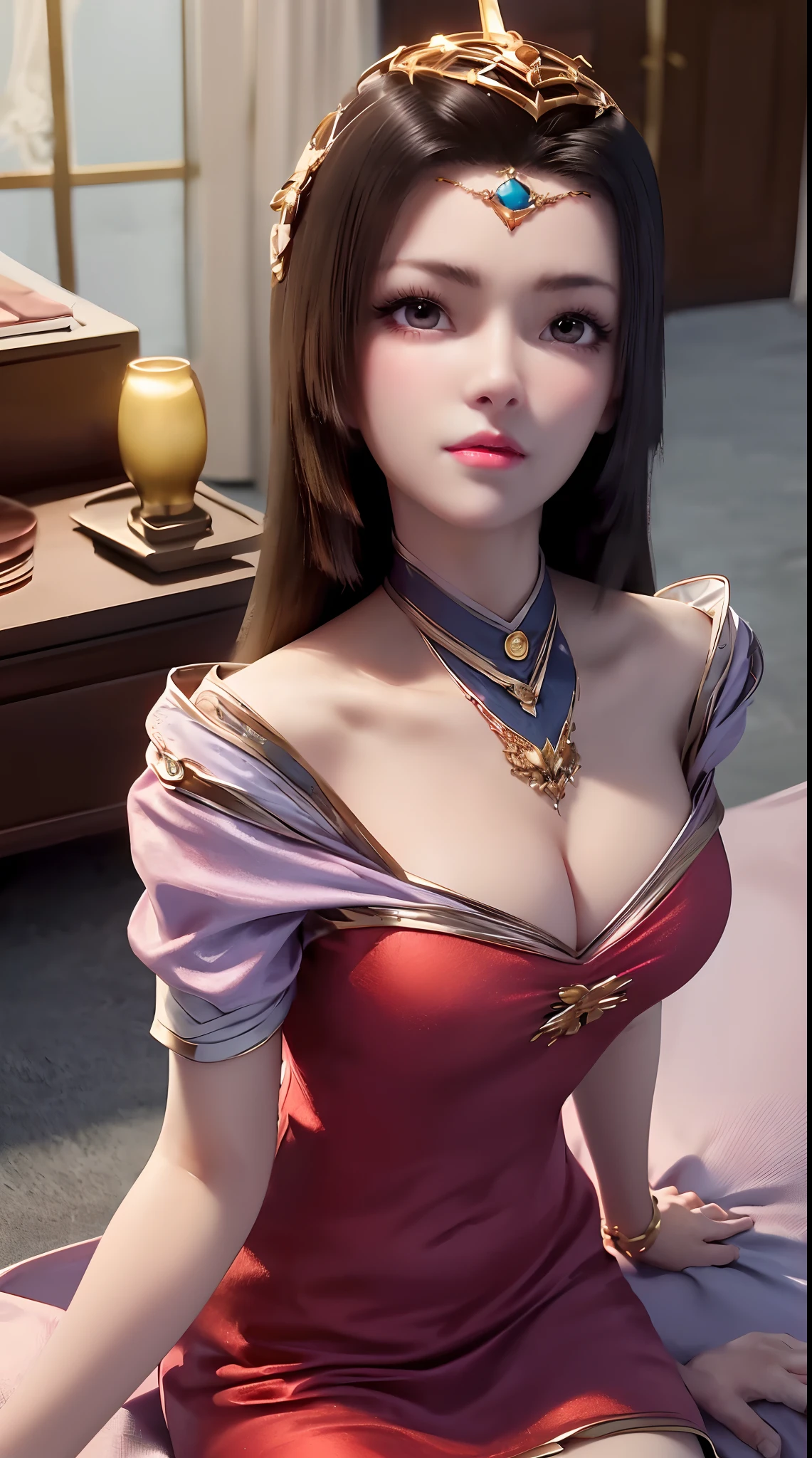 1 extremely beautiful princess, ((wearing a super thin and sexy red short nightgown:1.8)), ((Sexy nightgown with cleavage revealing:1.6)), sexy red lace short nightgown, ((supine position with chest up:1.5)), sexy nightgown style, long shiny black hair, the most beautiful and detailed hair jewelry, beautiful little face thin eyebrows, the most beautiful and spotless face, ((black iris:0.8)), the very beautiful eyes, big round eyes, ((Brown eyes:1.1)), fine and detailed makeup eyelashes, high nose, wearing earrings, small red lips, rosy face, clean face, beautiful face without blemish, smooth white skin, ((big breasts: 0.9)), Blums boobs, ((big and super round breasts:0.9)), ((super tight breasts:1.2)), ((breast augmentation: 0.8)), beautiful breasts, slim and petite body, ((thin waist: 0.9)), upper body of a beautiful girl, sexy girl, ((Open your legs: 1.6)), unashamed, ((chubby body:1.6)), 8k photo, super high quality, super realistic, 10x super pixels, photo realistic, dark studio, border light, two tone light, (detailed skin high: 1.2), 8k uhd, dslr, soft light, high quality, volumetric light, candid, Photo, high resolution, light, best photo, 4k quality, 8k, Bokeh, Smooth and sharp, pixel up 10 times, lightning, super graphics, the most realistic graphics, (((Luxurious bedroom and bed background: 1.6))), there is only 1 girl, alone, solo, ((frontal portrait:1.5)), Extremely sharp, super realistic images."
