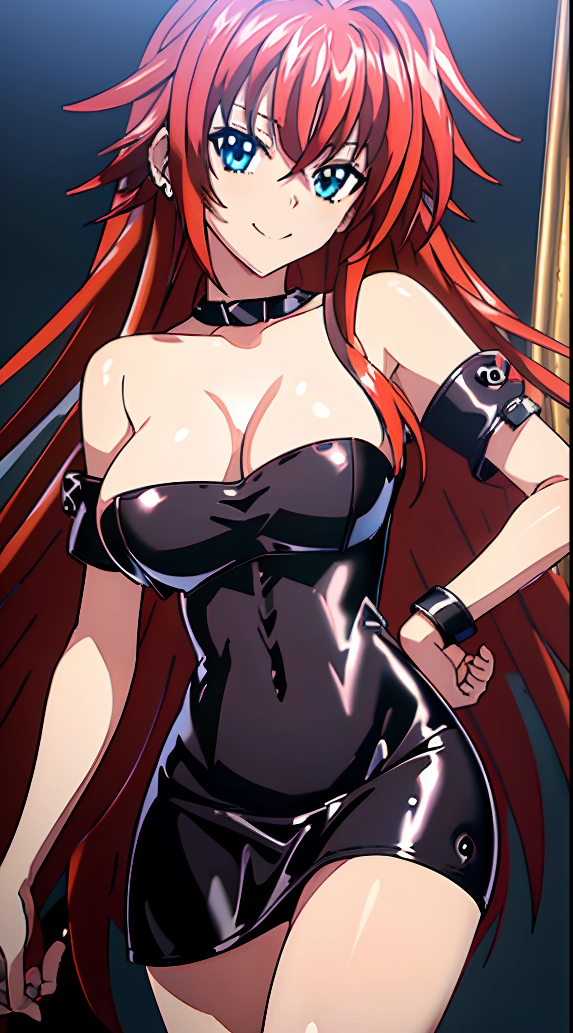 8k, highres, ultra detailed, (masterpiece:1.4), best quality, symmetrical body, (Black strapless short latex dress:1.4), choker, cute, solo, earrings, long hair, (red hair:1.4), blue eyes, glow effect, finely eye, grinning, wide smile, detailed face, looking at viewer, smilling at viewer, bedroom, angled view, big breasts, teasing, seductive look