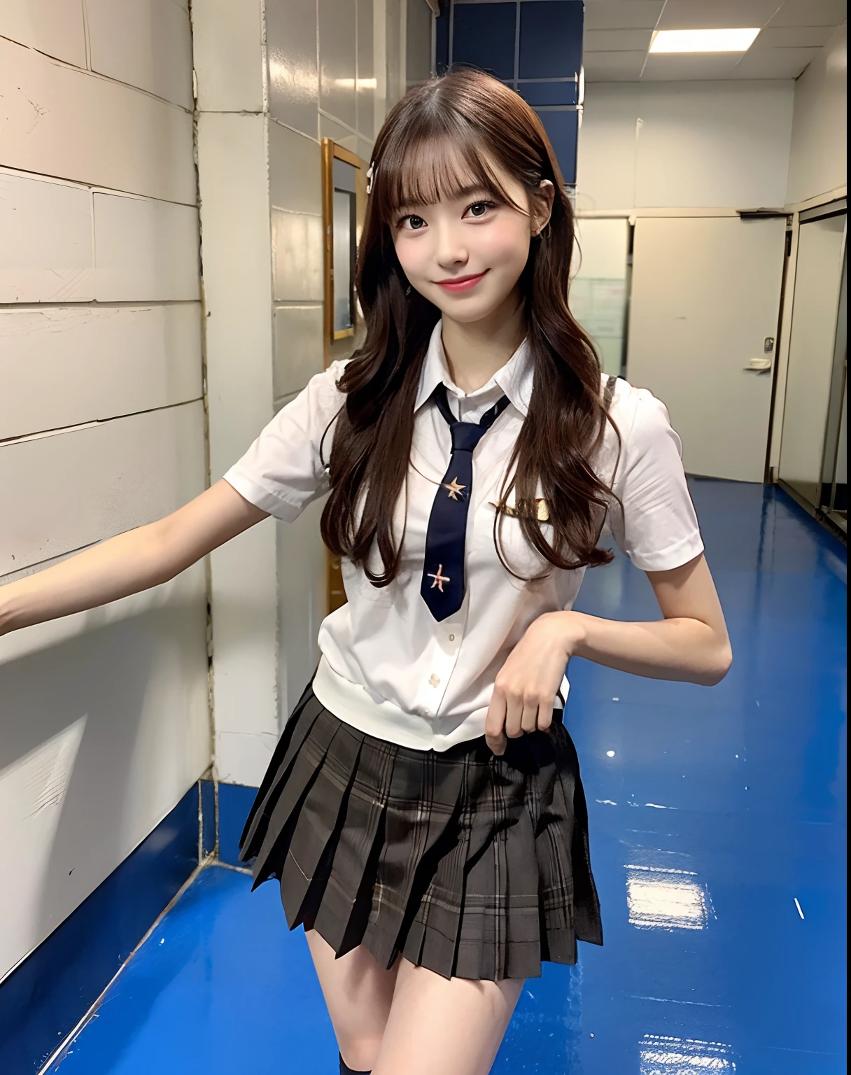 A girl in uniform is standing alone in the hallway, kawaii playful pose of a dancer, she is dancing, she is dancing. Realistic, wearing japanese school uniform, anime pose, Japan school uniform, japanese girl school uniform, as though she is dancing, doing a sassy pose, of a schoolgirl posing, Looks like someone is dancing, dancing in the background,Beautiful woman with perfect figure, Very detailed face and skin texture, Smile Face, Detailed eyes, Short hair, High resolution, Photorealistic,Wearing a dark brown pleated skirt,red necktie,Wearing brown loafers,Wearing a dark brown blazer