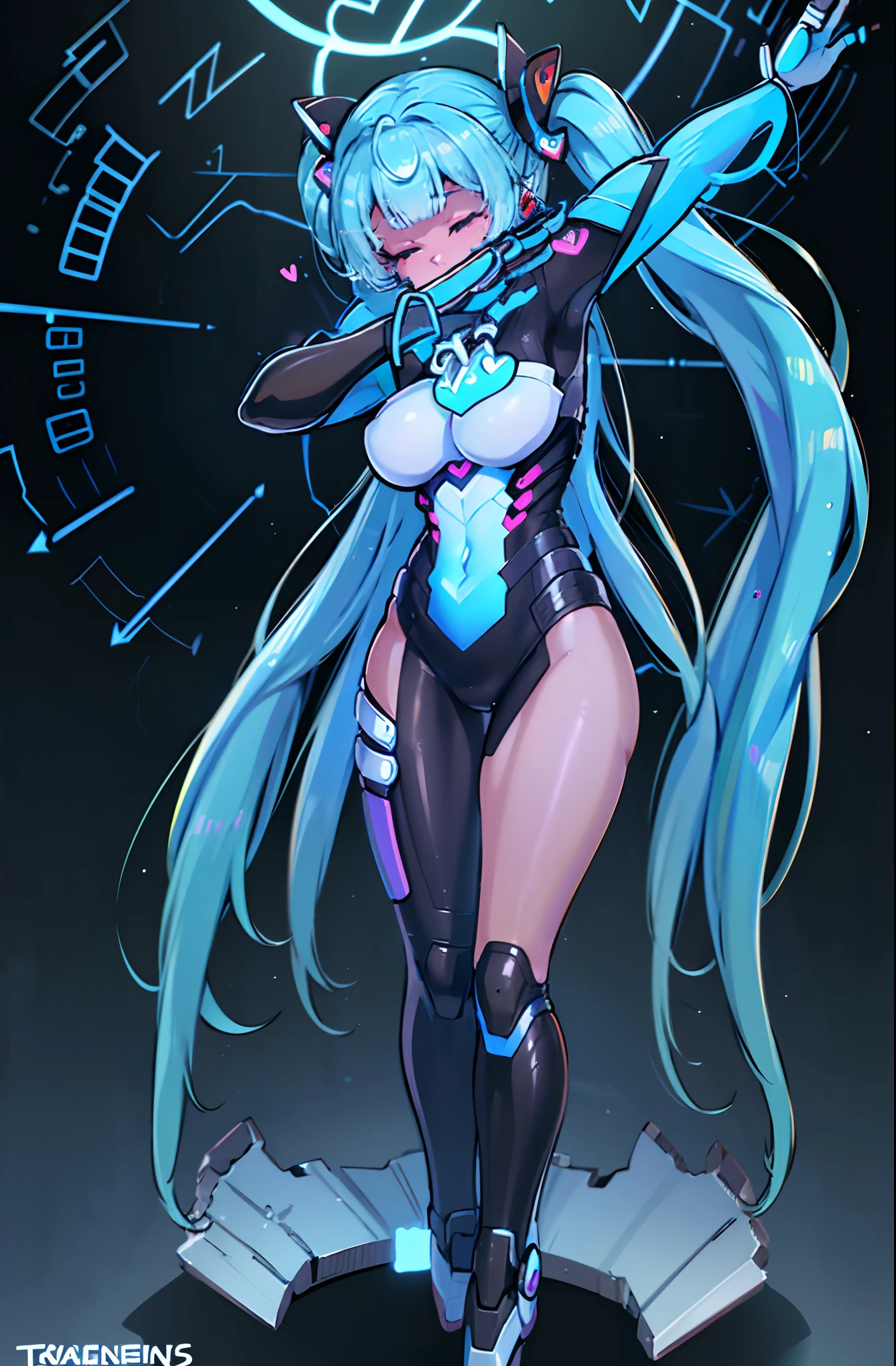 1girl, masterpiece, detailed, high quality, young female android, young android helper, young android nurse, "CheMax", "CHEats MAXimal", (human skin color:1.5), cheat utility, twintails hairstyle, skyblue hair color, fullbody, mascot, held injector, white tight uniform with blue stipes, (blackboard on background, writing board on background), artificial intelligence, enhanced senses, unlimited knowledge, medical equipment, advanced diagnostics, high-tech gadgets, technologically advanced architecture,seamless integration,trim, futuristic, glowing lights, sci-fi style, vibrant colors, realistic rendering, detailed hair, detailed body, detailed hands, detailed face, detailed feets, big boobs, sexy pose, (Heart Hands pose:1.5)