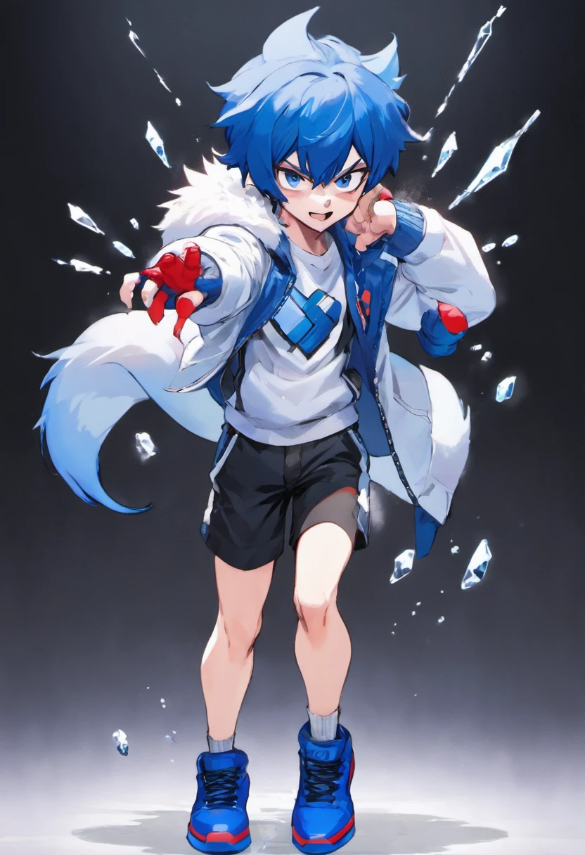 1Boy, (16 years old apearence), blue hair, short hair, blue Fox ears, blue fox tail, white jacket, blue shirt, black shorts, red sneakers, full body, standing, smile, ice power, gacha card background, shounen pose