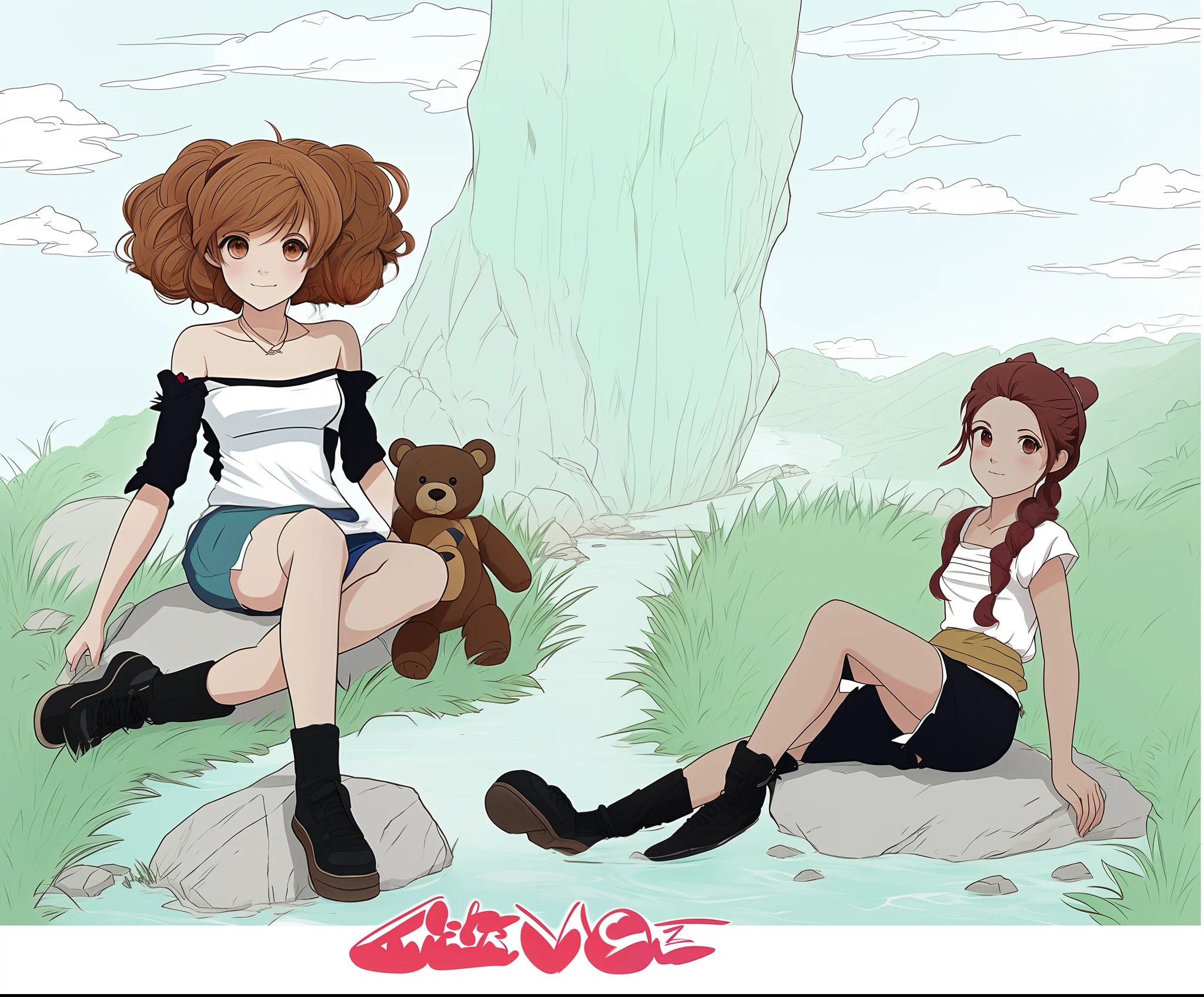 there are two women sitting on a rock with a teddy bear, anime style, in the art style of bowater, cel - shaded art style,