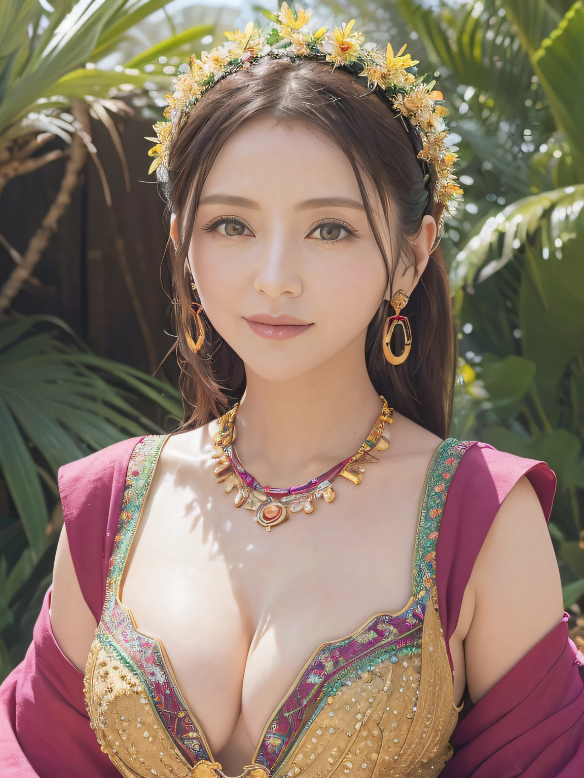 Since a while ago(((Photo of an oasis in the desert of the sparkling sun)))(top-quality)、(ultra-detailliert)(((Woman in nomadic ethnic costume showing cleavage、)))（The body is facing the camera:1.5)、magical glow、16ｋ、(((Wearing multicolored jewelry)))、Eye Details High Quality、35mm、(the background is blurred：1.5)、Fetching water at an oasis