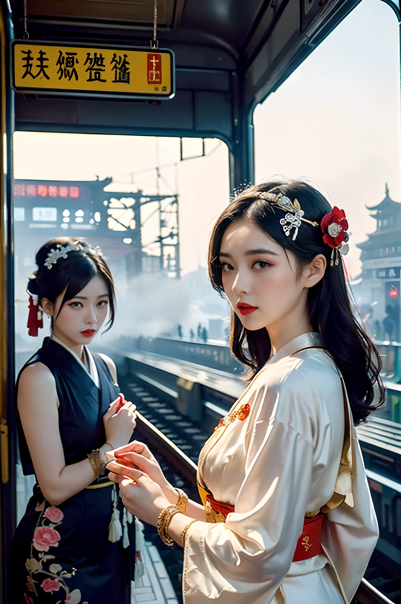 A movie poster,An old-fashioned steam train approached the tracks in the fog,masterpiece,Perfect drawing,Two beautiful girls, Lovers, lesbians,(in the railway station 1920's Shanghai,retro train background:1.6),(Geisha hairstyle,Geisha hairstick:1.6,Geisha hair ornament,armlets, bangle:1.3)
