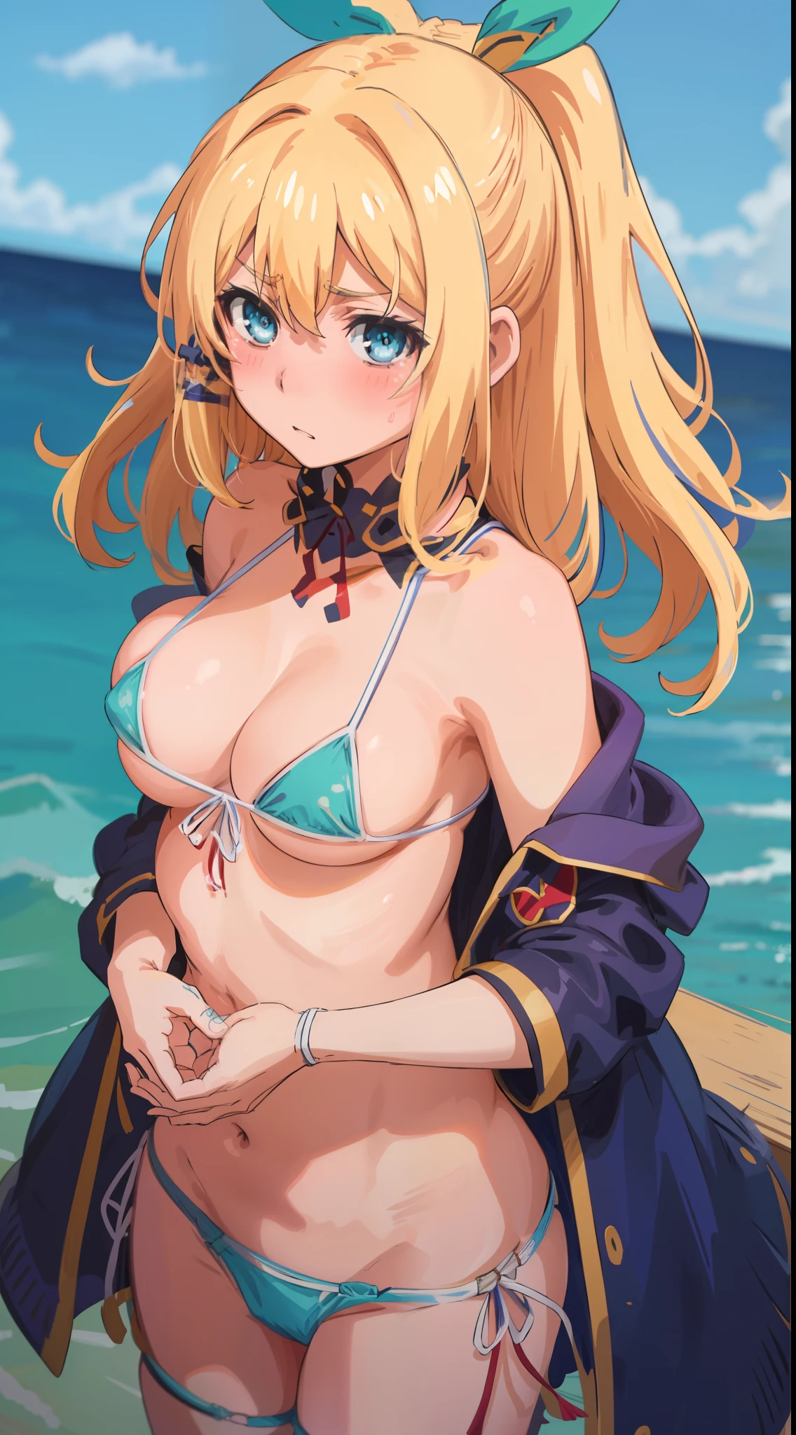 best quality, (masterpiece:1.2), detailed, medieval,
Rumia Tingel,
1girl, solo, blush,
medium hair, blonde hair, short ponytail, blue eyes, green bow, x hair ornament,
(((blue bikini, nsfw))), (blue eyes, ultra-detailed eyes),
standing, looking at the viewer, ((disgust, disdain, blush, close up)), ((upper body, close-up)), confronting viewer, medium , medium hair, simple background, perfect anatomy.