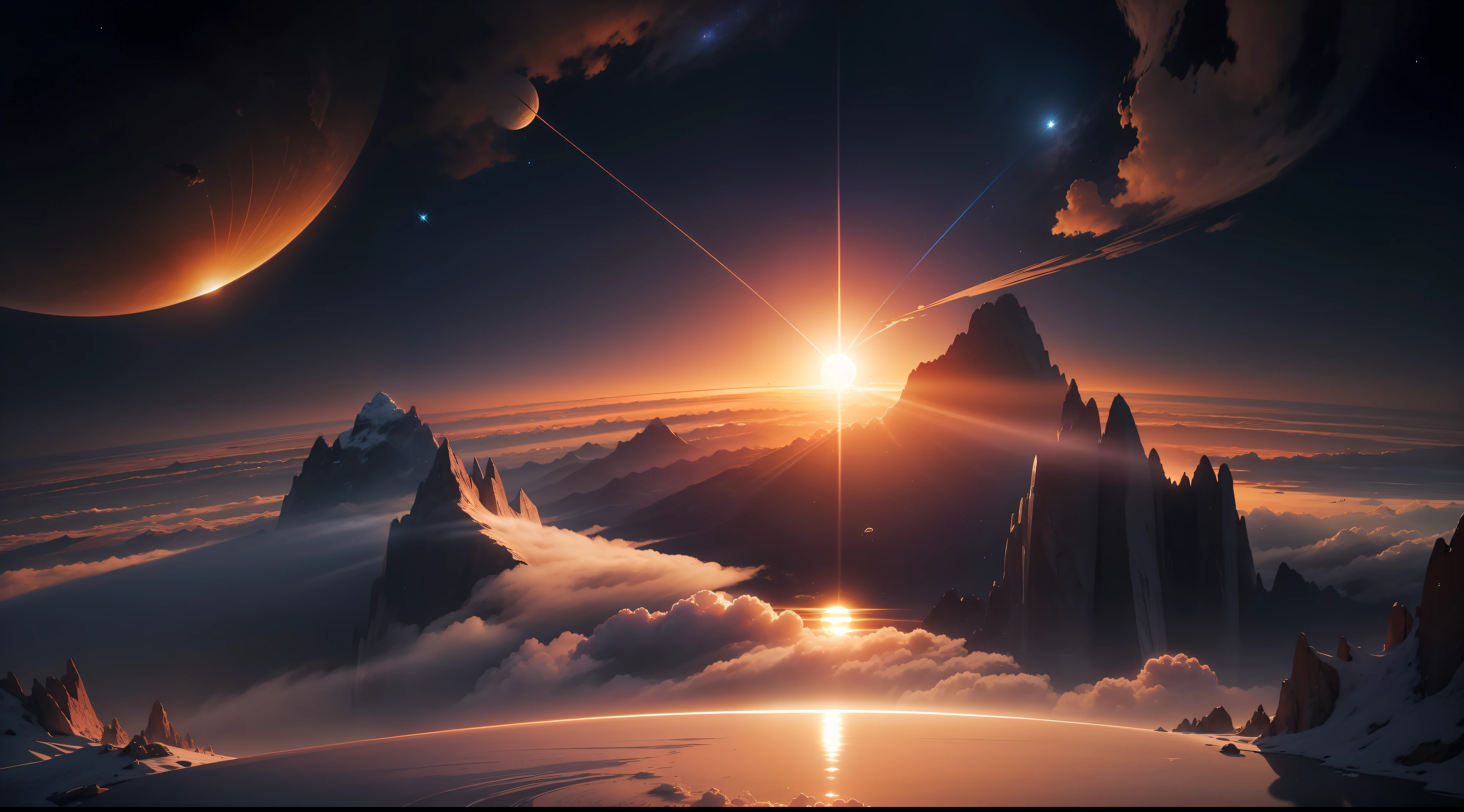 The sun rises from the shadow of the Earth in outer space、zori、Fantastic、Ethereal、Fantastic、Ethereal、Photorealism Based Details Widget 1.3, Ultra-detailed depiction、Cinematic shots with HDR effect、Vignette and center screen、Generate in automatic mode
